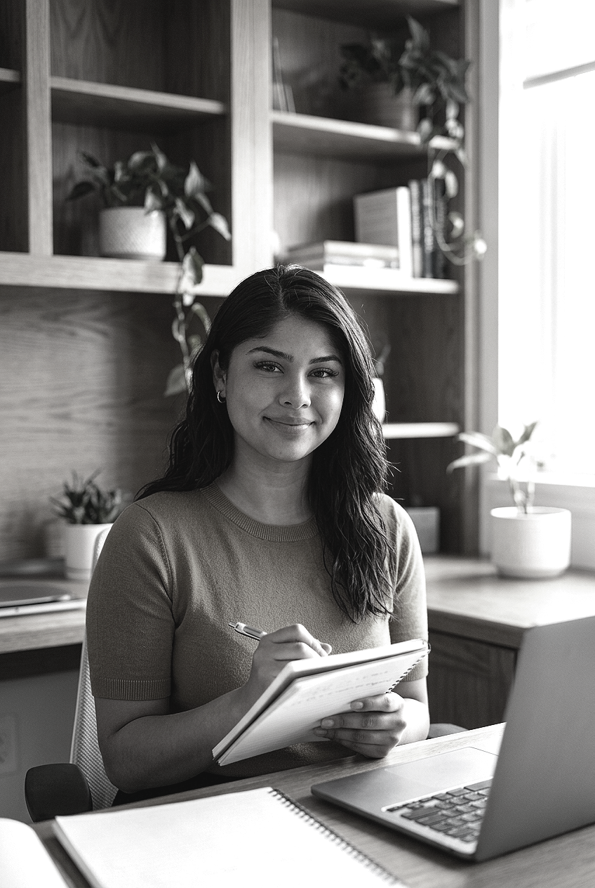 A woman sitting at a desk with a laptop, holding a notebook and pen, smiling, in a room with bookshelves and potted plants.