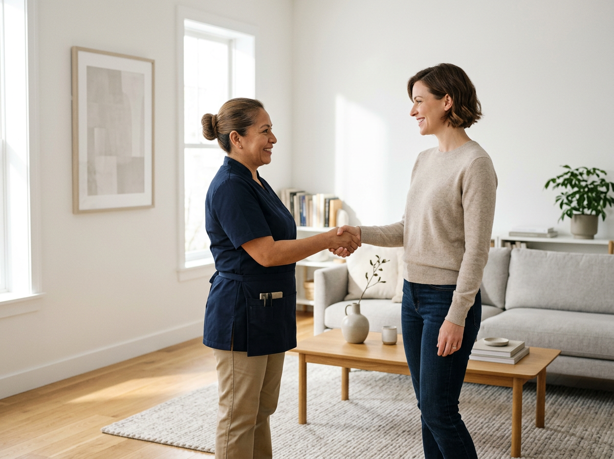 A woman in medical scrubs shaking hands with another woman in casual clothing inside a bright living room with a sofa, table, and bookshelves.