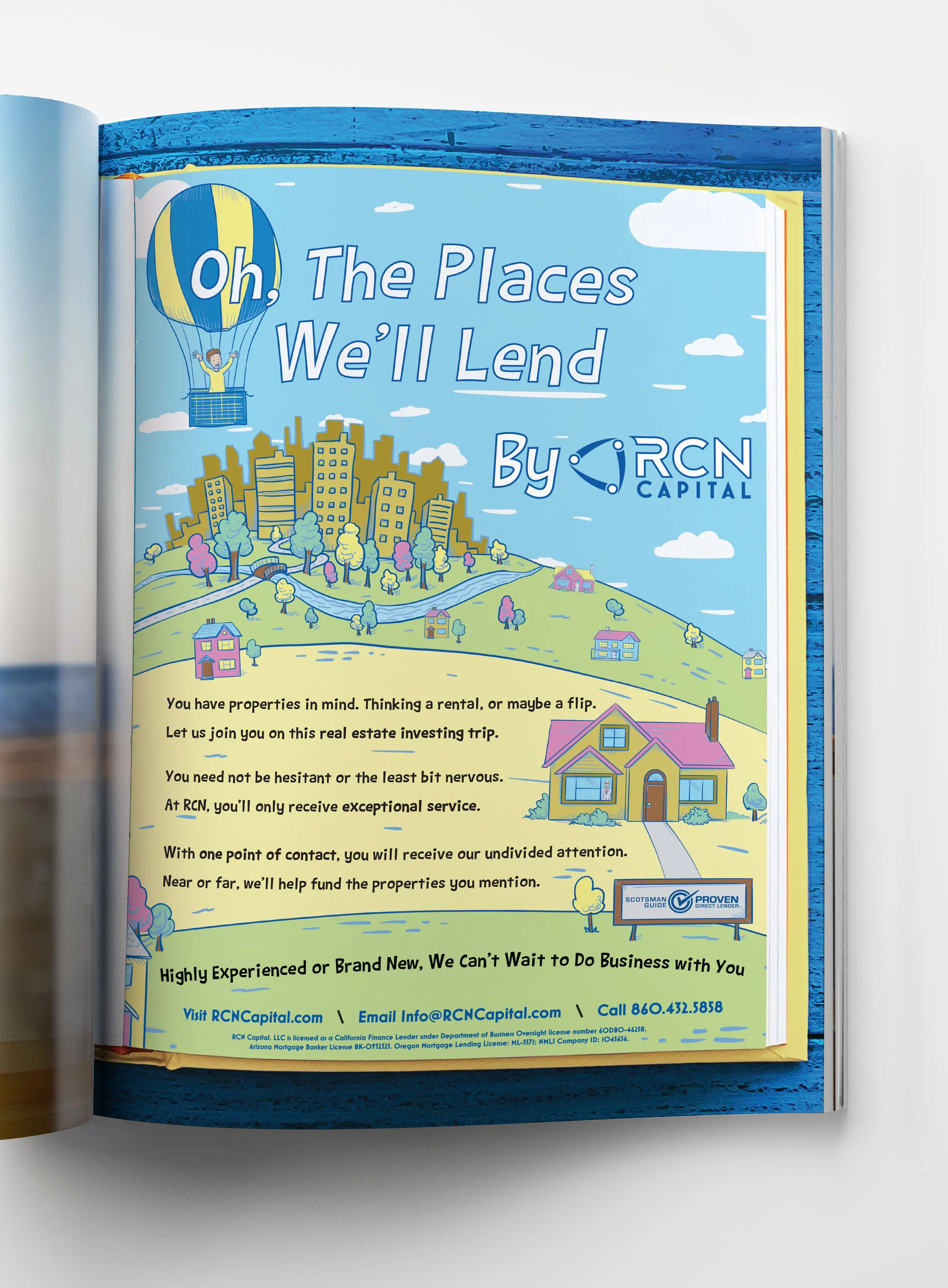 A colorful illustrated advertisement for RCN Capital about real estate investing, including a hot air balloon, cityscape, and houses, with contact information and a focus on professional service.
