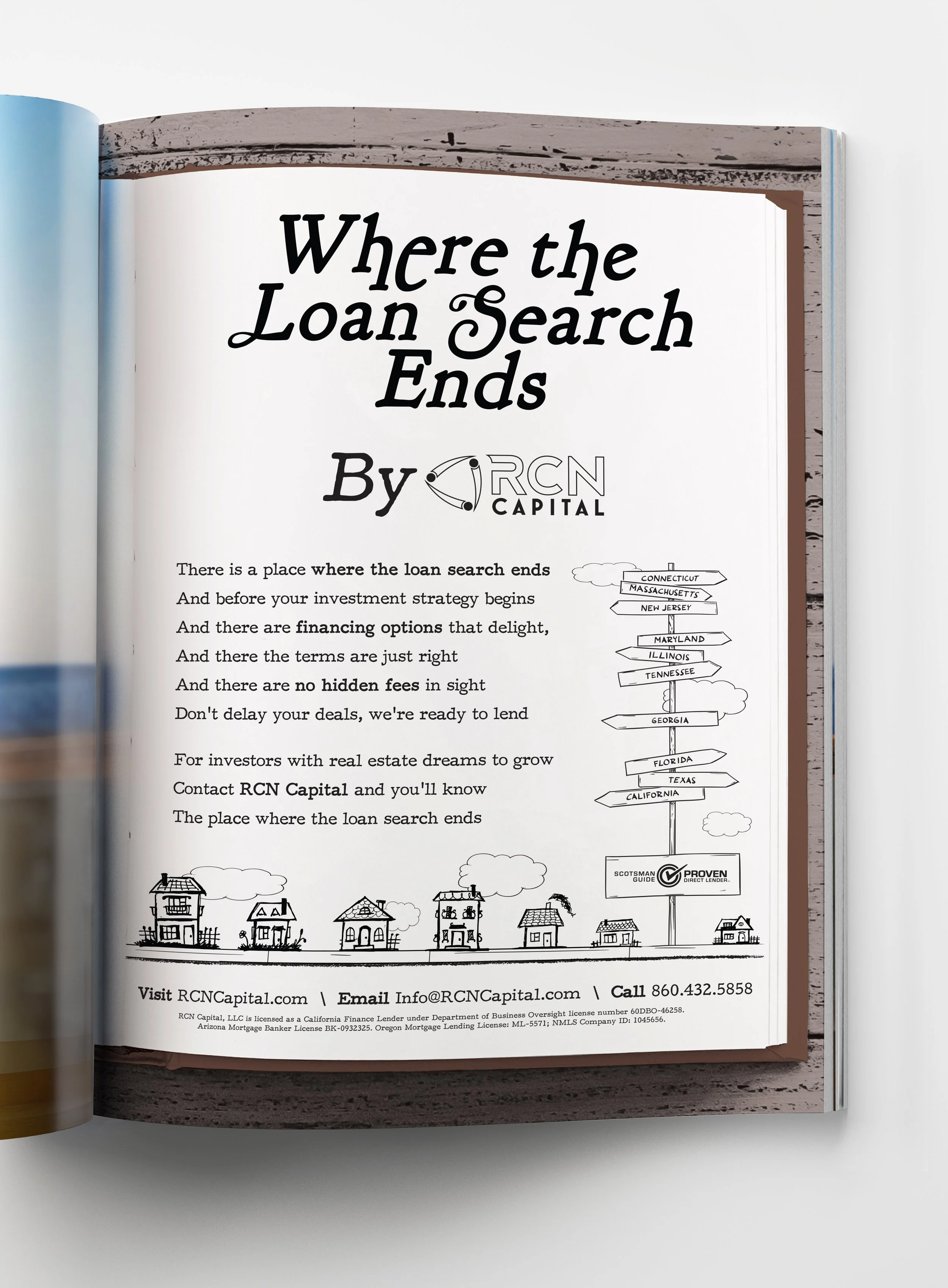 An open magazine or brochure page with the title 'Where the Loan Search Ends' by RCN Capital. The page includes a paragraph of text, a signpost illustration pointing to various states, and a row of cartoon-style houses at the bottom.
