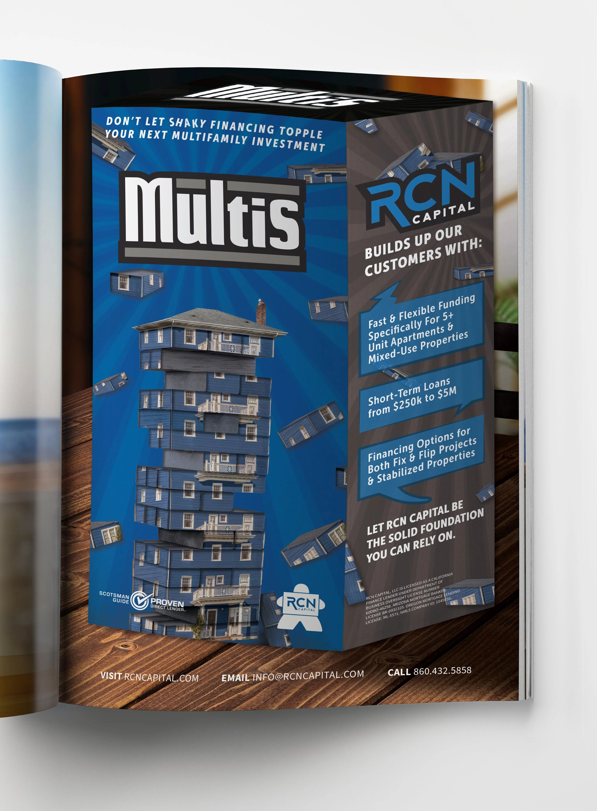 Brochure advertising RCN Capital's multi-family and real estate investment financing options, featuring a blue house with smaller floating house images, contact information, and promises of flexible funding and fast approval.