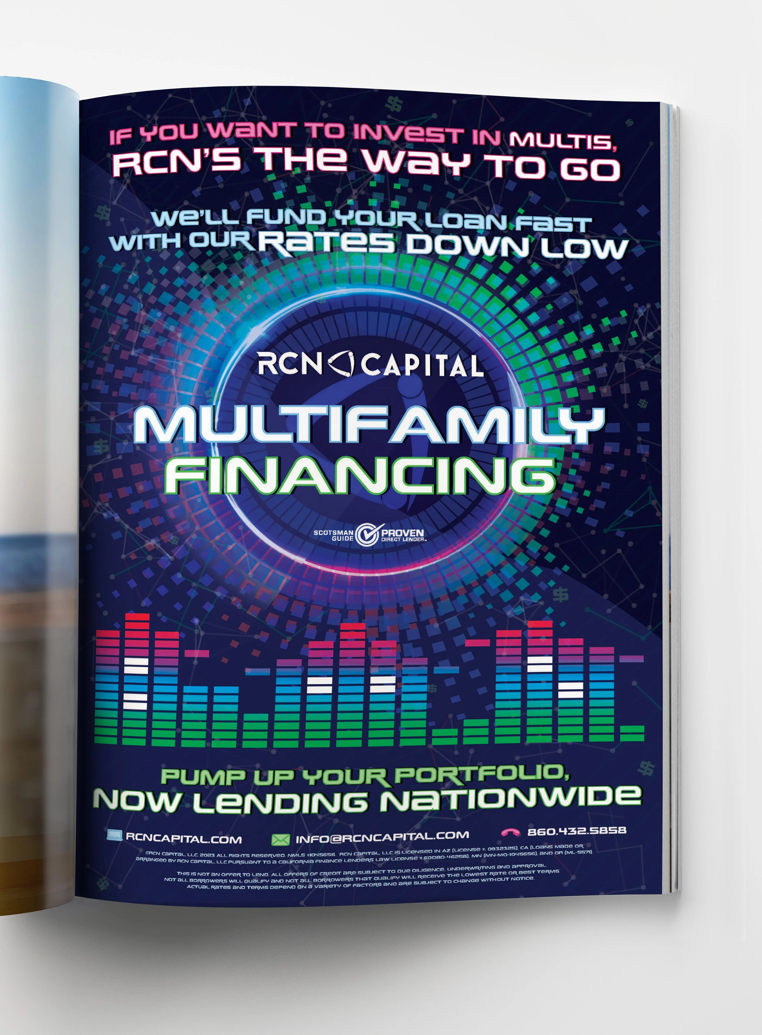 Advertisement for RCN Capital Multihome Financing offering funding for investments, emphasizing low rates and nationwide lending, with colorful graphics and contact information.