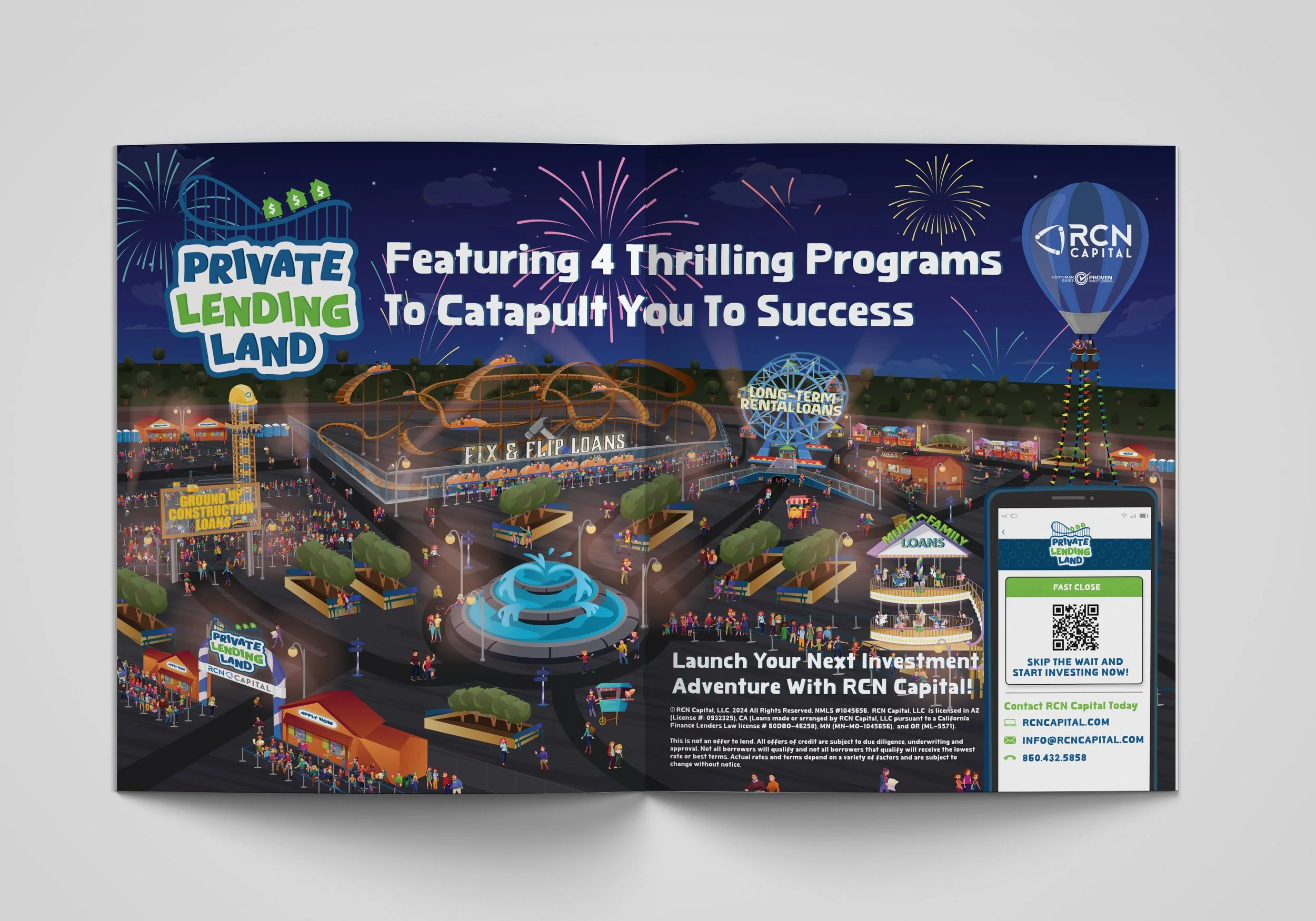 Colorful amusement park with a Ferris wheel, roller coaster, and fireworks, promoting private lending programs by RCN Capital at night.