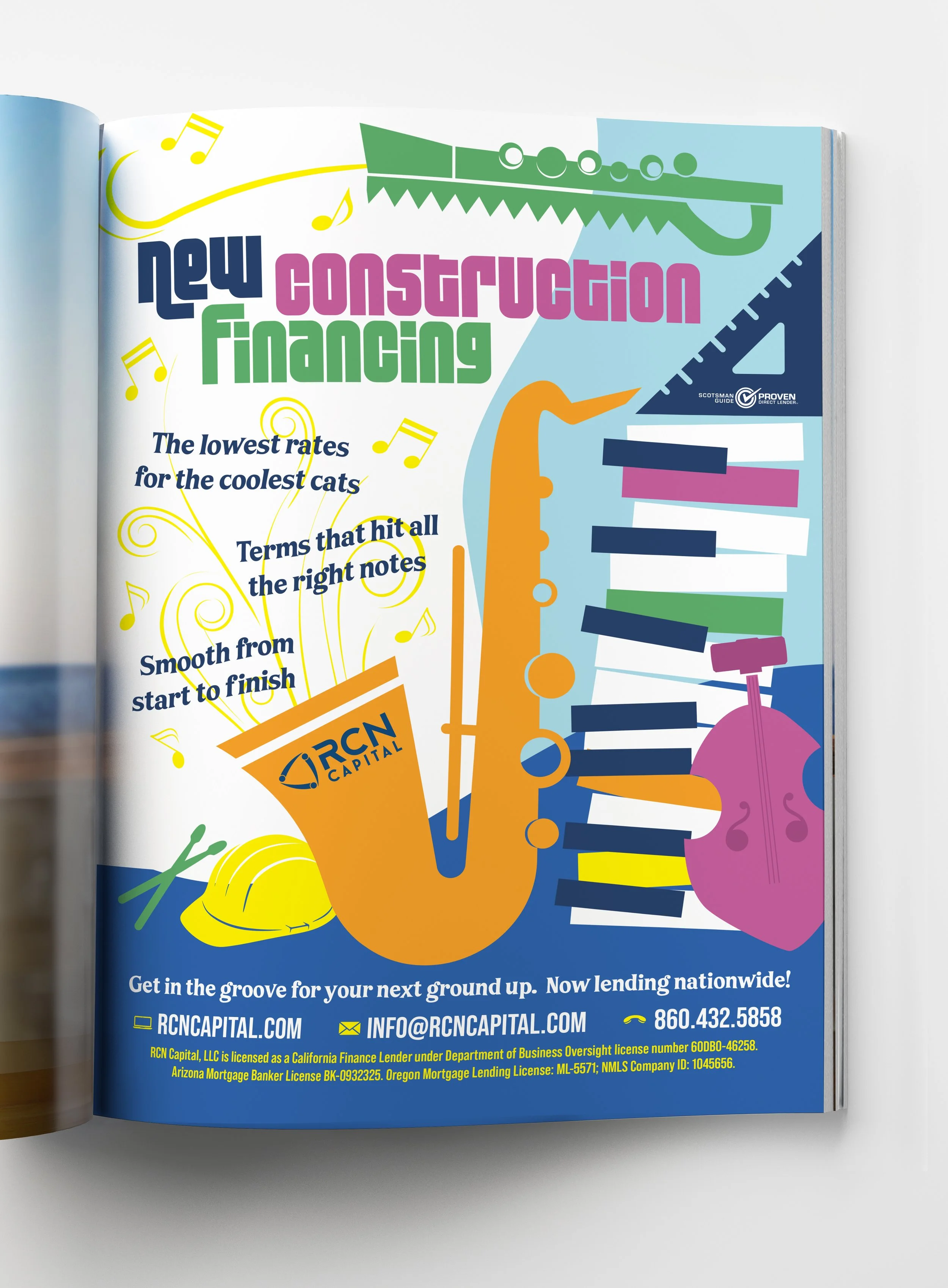 A colorful graphic advertisement for RCN Capital featuring a saxophone, piano keys, and various musical notes. It promotes ground-up construction loans with phrases like 'new construction financing' and 'Get in the groove for your next ground up. Now