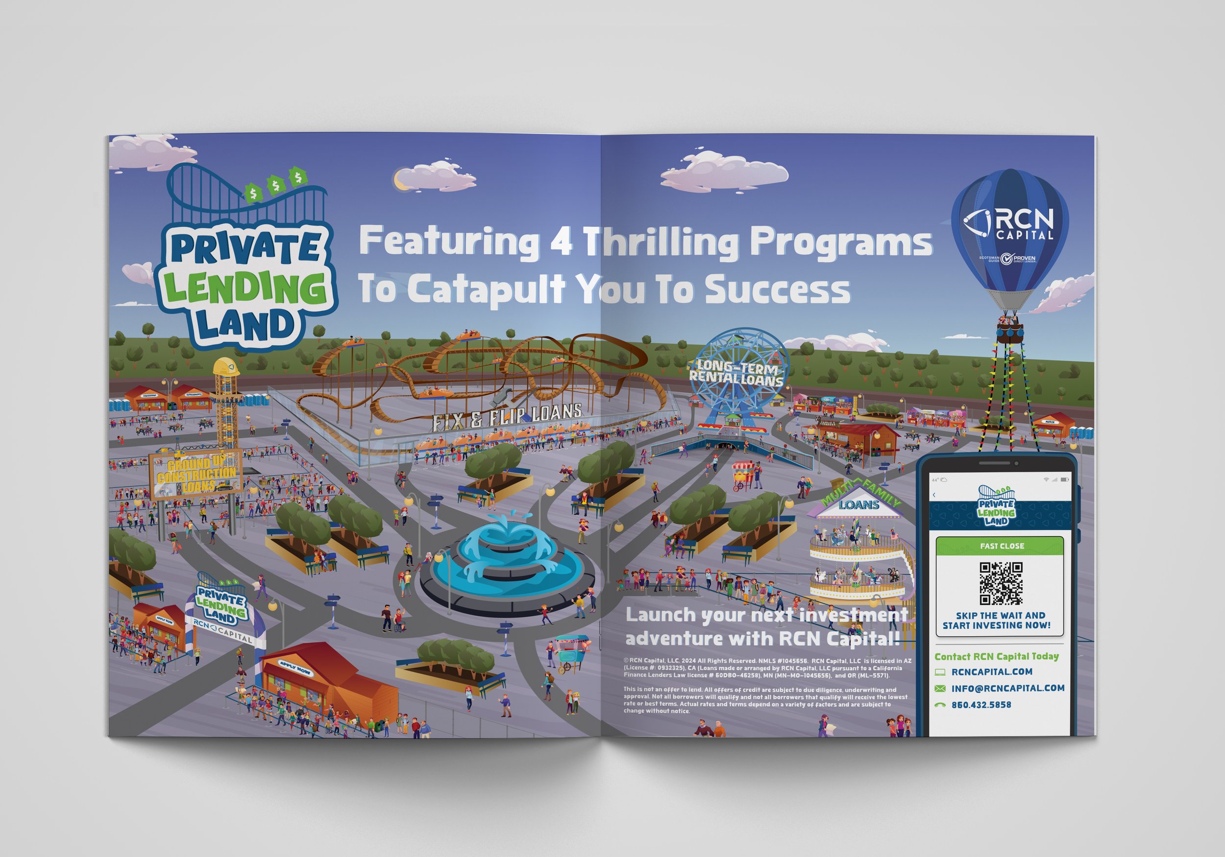 Anime-style illustration of an amusement park with rides, crowds, and a hot air balloon branded with RCN Capital. The park features roller coasters, a Ferris wheel, a fountain, and various attractions, with text promoting private lending and investme