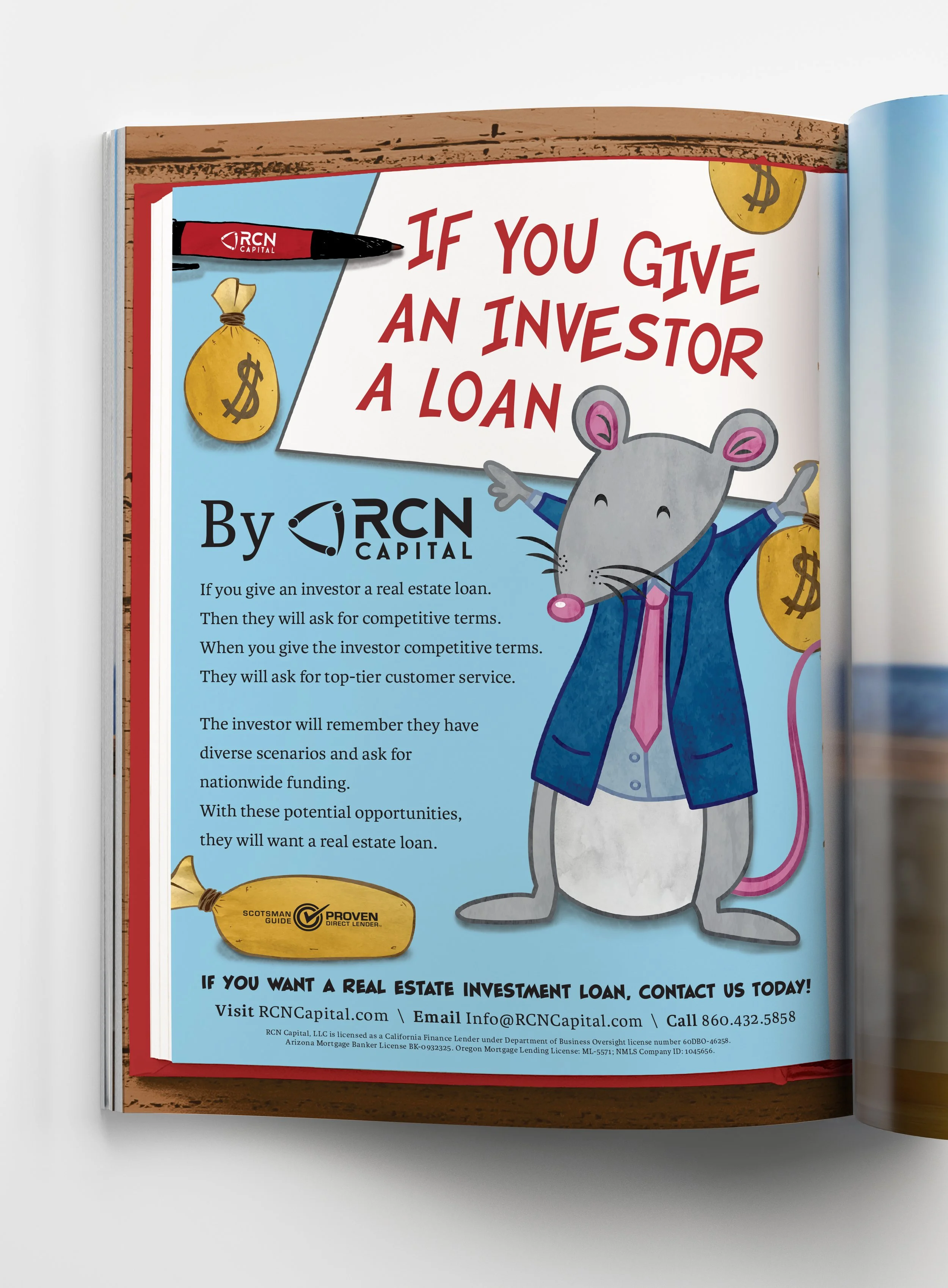 Flyer with cartoon mouse character dressed in business attire, surrounded by money bags, promoting real estate investment loans by RCNCapital. The flyer contains text about investment loan terms and contact information.