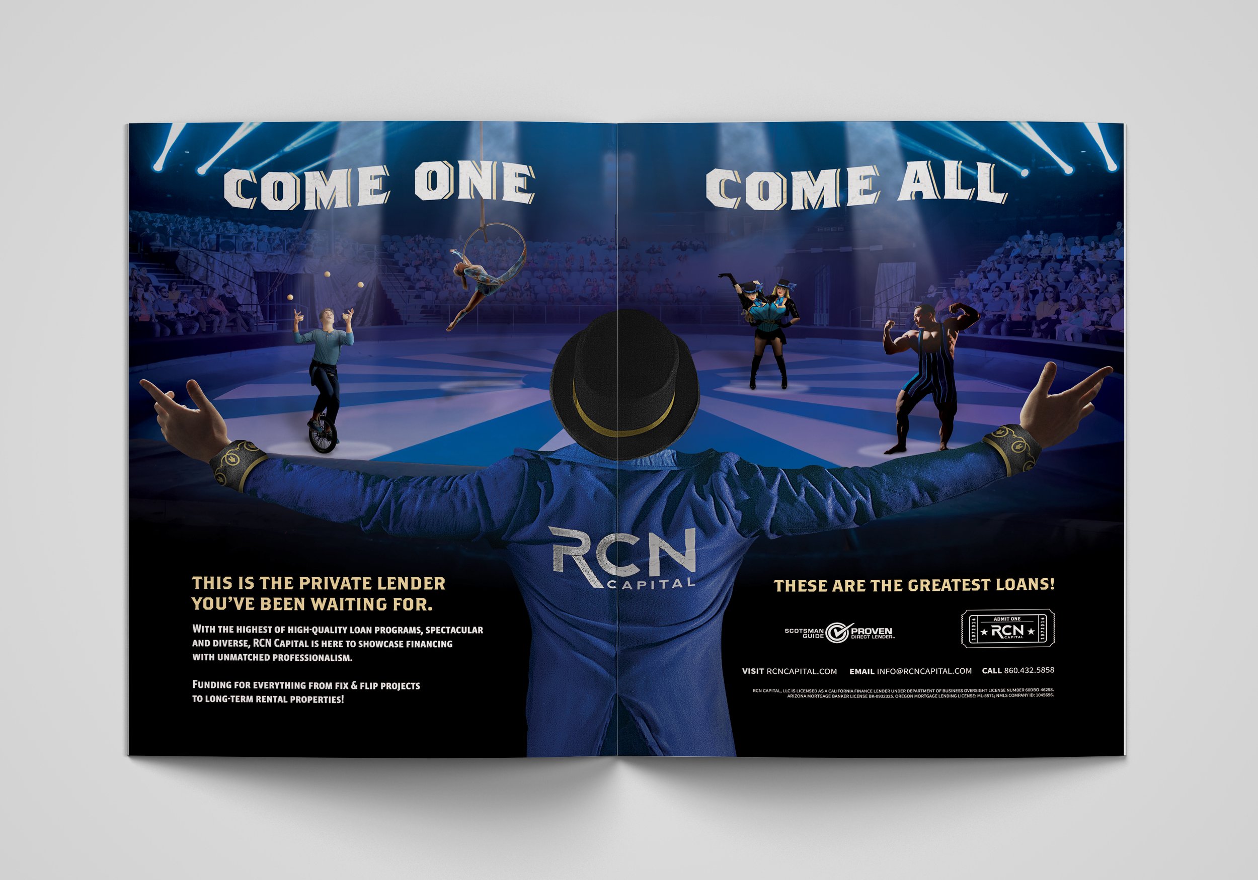 An advertisement with the phrase "Come One Come All" displayed across a circus or carnival-style scene featuring performers, including a unicycle rider, an aerialist, and two dancers, set in a darkened arena with lights and an audience. The ad promot