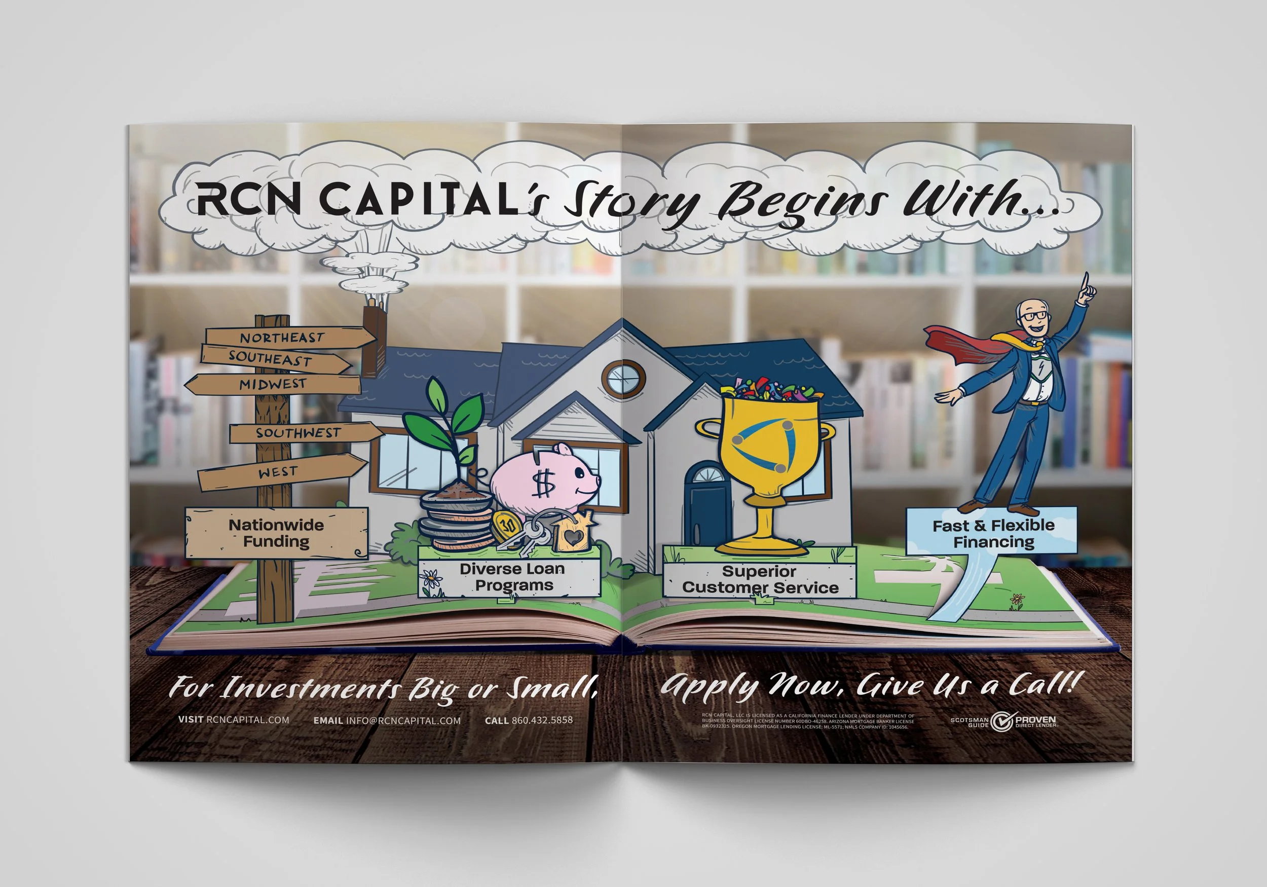 A colorful brochure for RCN Capital featuring cartoon illustrations of a house, piggy bank, and a person dressed as a superhero, with signs pointing to different regions and benefits of the company.