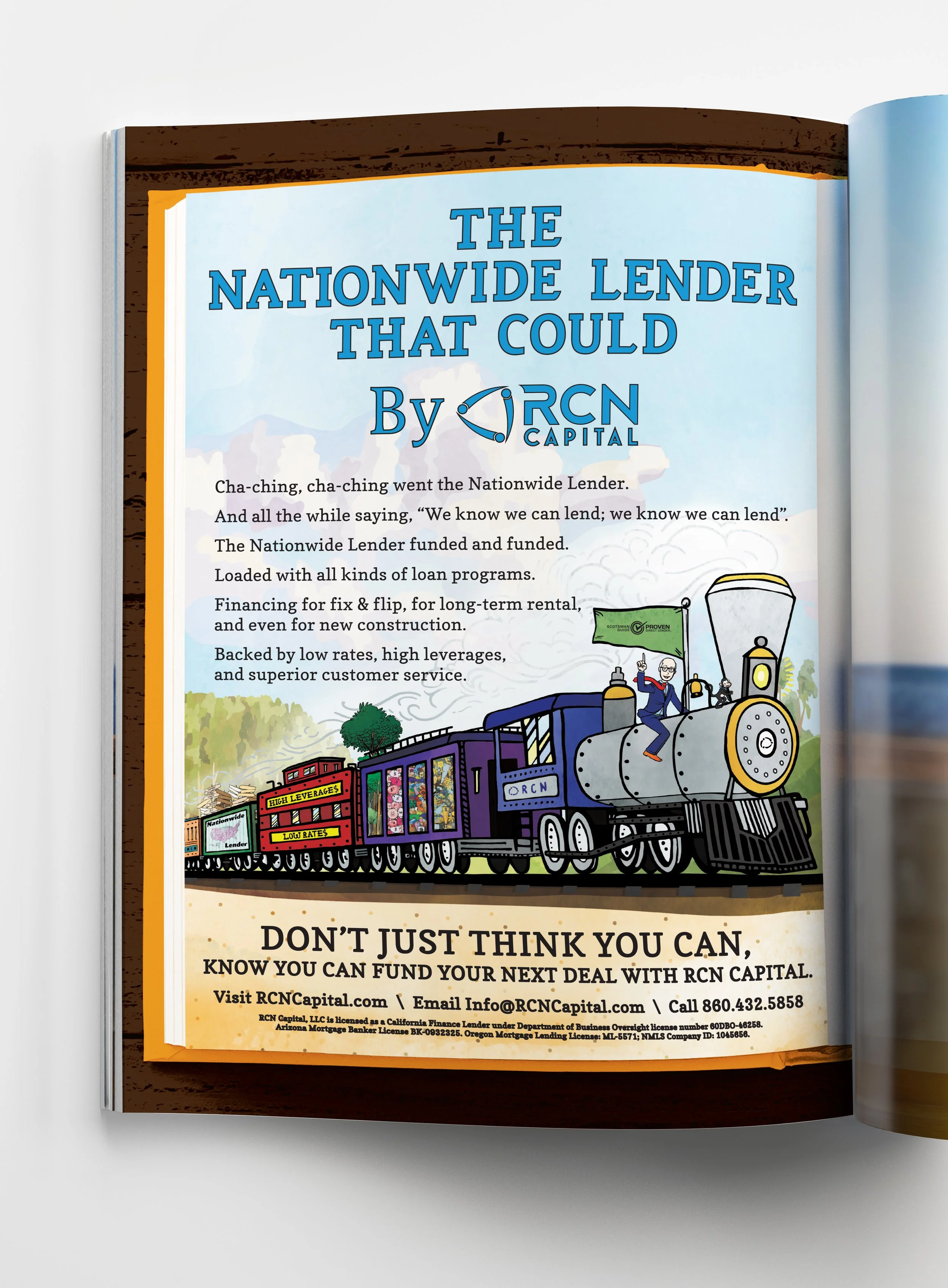 A colorful cartoon illustration of a train with multiple cars carrying stacks of money, with signs indicating high leverages and low rates. The train has a person waving from the front and is set against a landscape with trees and mountains.