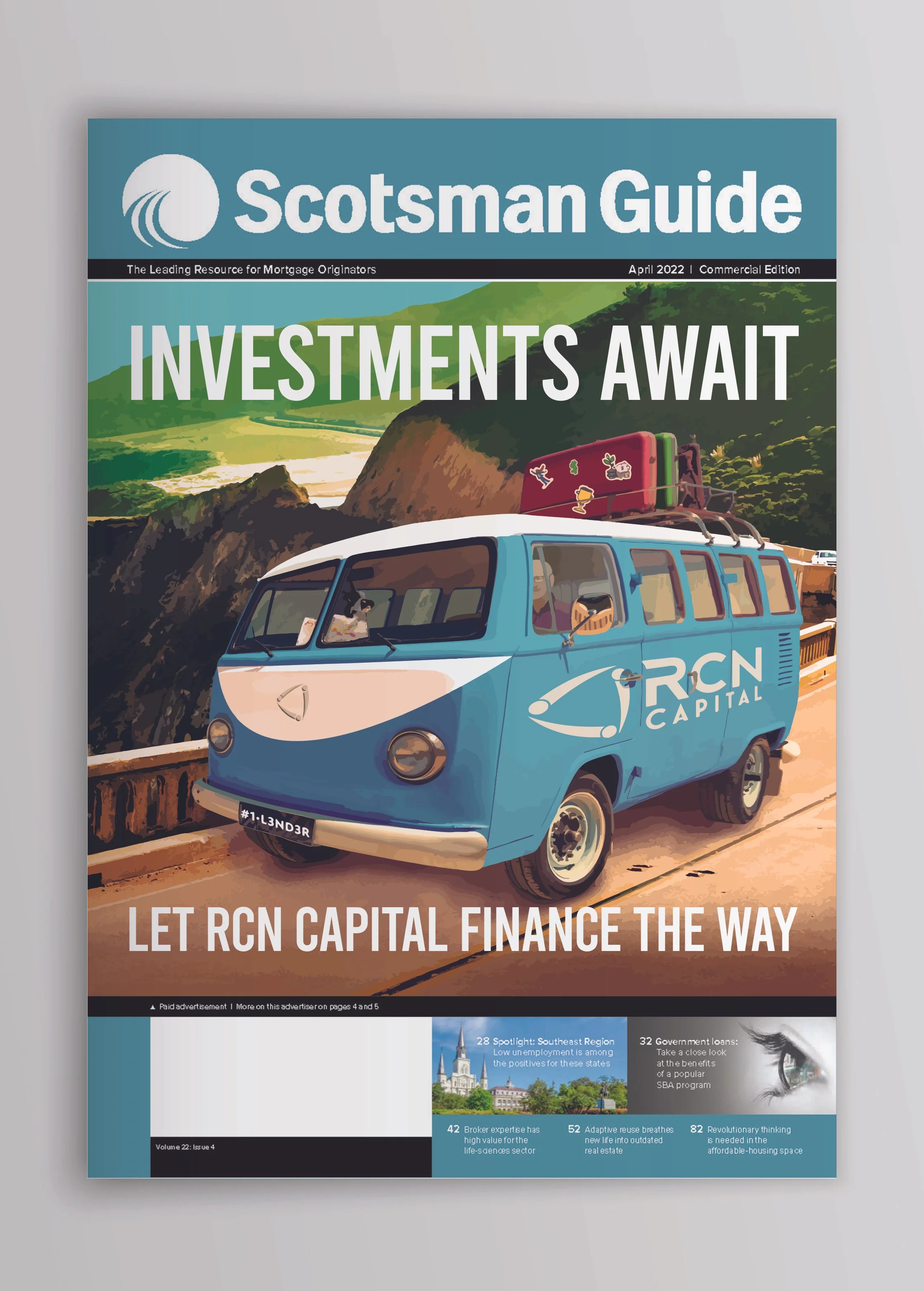 The cover of a magazine called 'Scotsman Guide' with the headline 'Investments Await'. The cover features an illustrated blue camper van with the RCN Capital logo on it, driving along a scenic mountainous coastline during daytime.