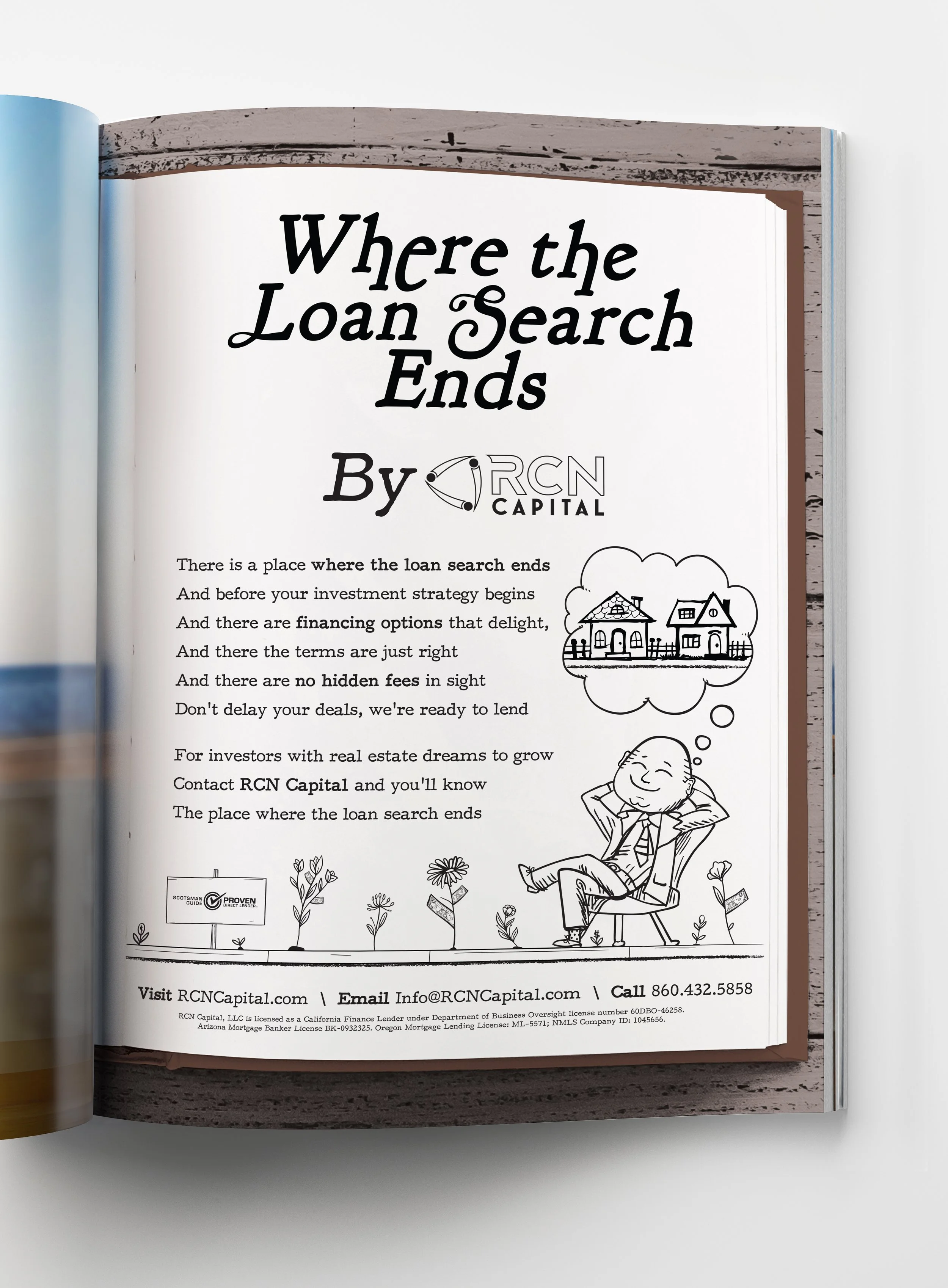 A magazine page about the end of the loan search process, with text discussing investment strategies, financing options, and terms. The page includes an illustration of a smiling person sitting in a chair, surrounded by flowers and a sign for a loan 