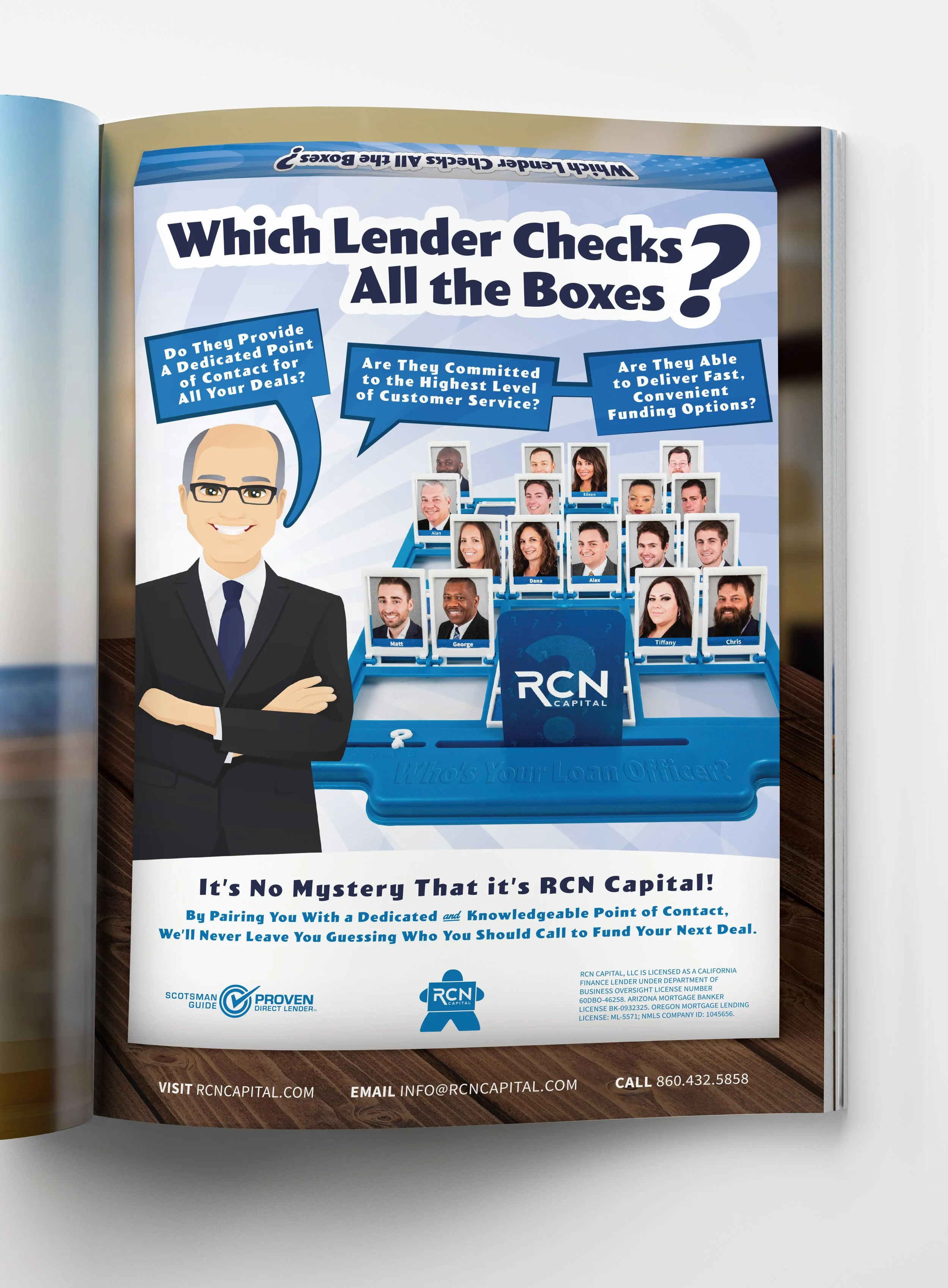 A brochure for RCN Capital featuring a cartoon businessman and a tray of diverse face photos, asking if lenders check contact points and customer service levels. The brochure emphasizes pairing with knowledgeable contacts for funding.