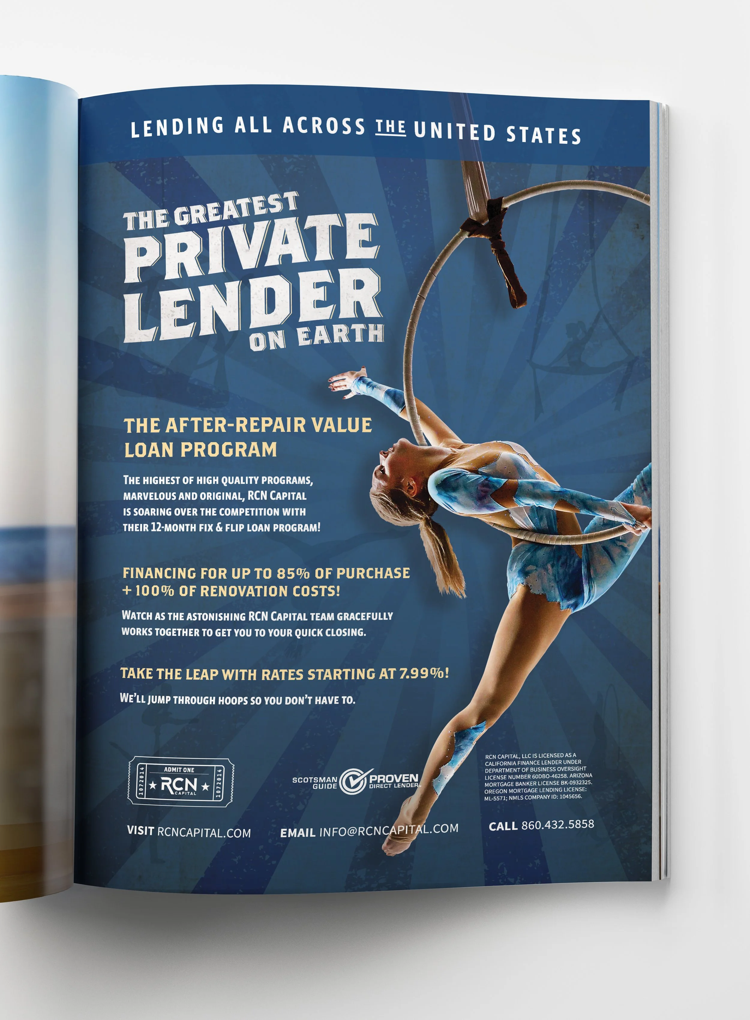A magazine page featuring a female gymnast in a blue leotard performing a balance move on a hoop, with text promoting private lender services by RCN Capital.