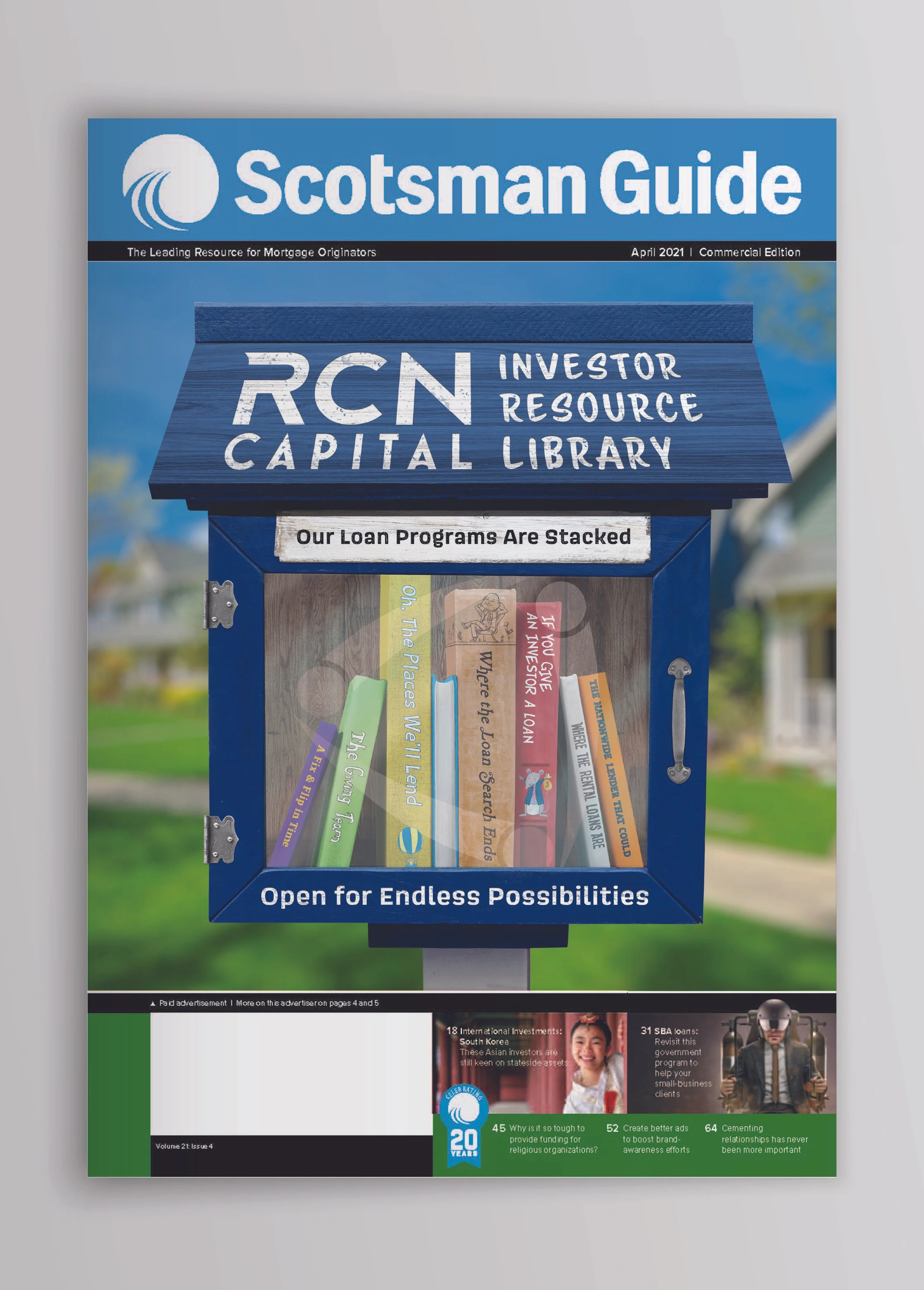 A colorful magazine cover titled "Scotsman Guide" features a blue and green theme. The magazine is the April 2021 Commercial Edition. The main headline discusses a resource center for mortgage originators, showing a bookcase with various books and a 