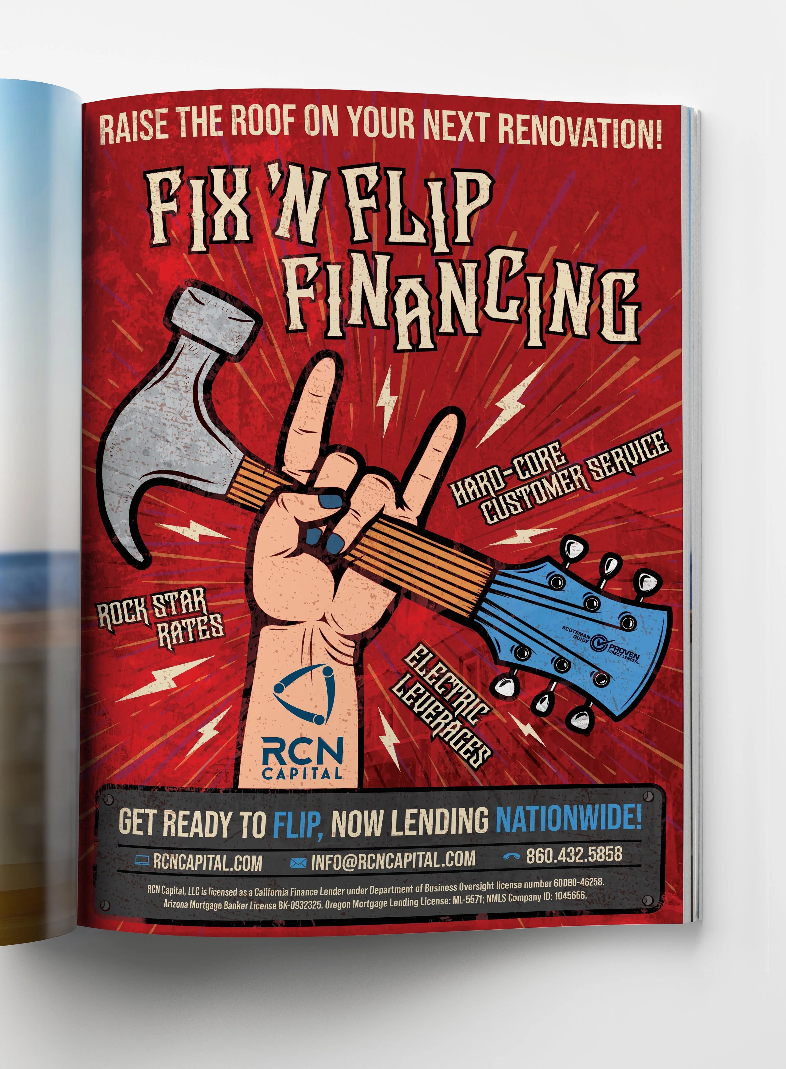 Advertisement for RCN Capital, featuring a hand with a tattoo and a wristwatch making a flipping gesture, promoting nationwide lending for real estate investors with contact information.