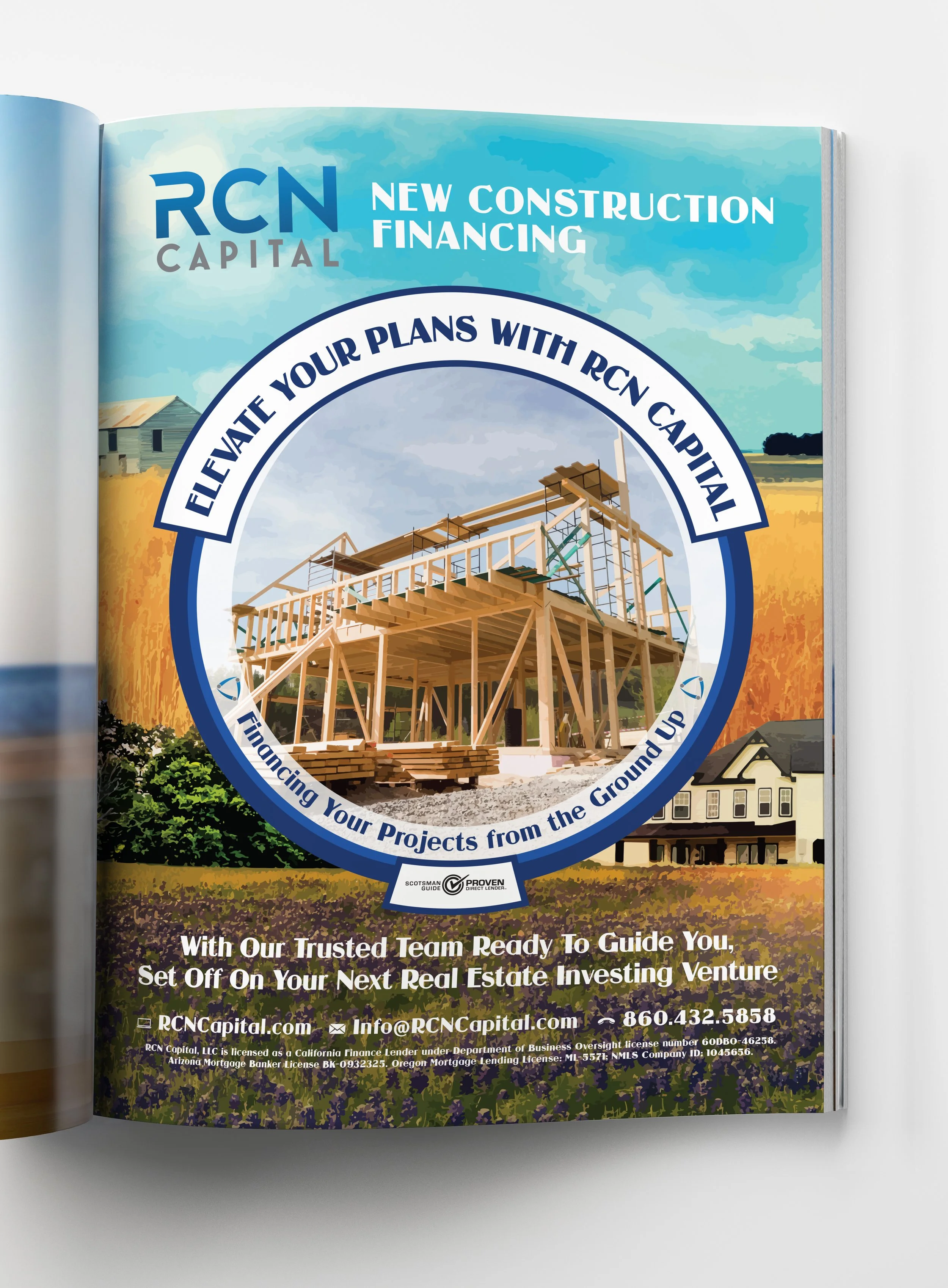 A brochure cover for RCN Capital promoting new construction financing with an illustration of a house under construction and text highlighting their real estate investment services.
