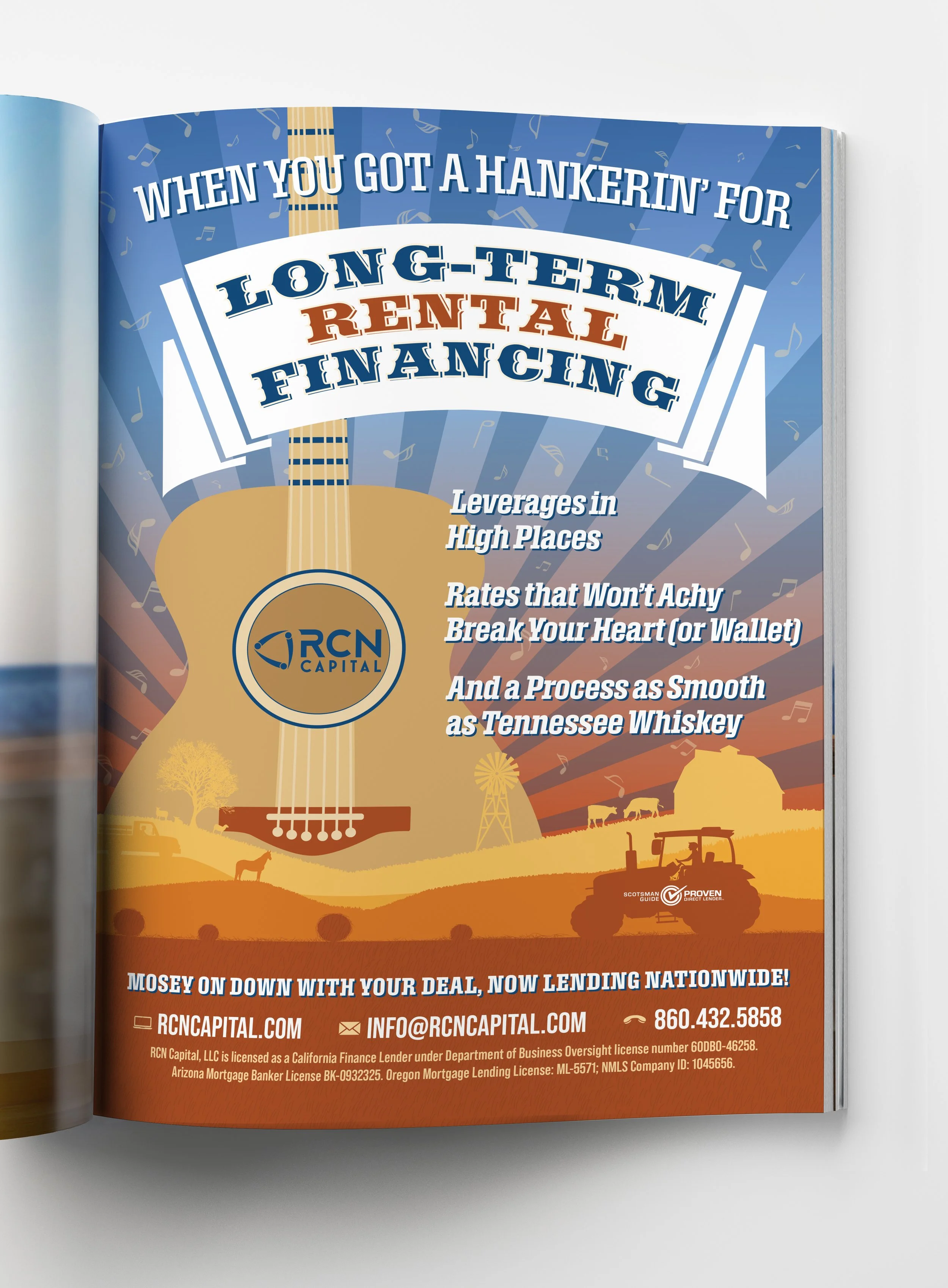 An advertisement for RCN Capital featuring a guitar, farm scene, and sunset with promotional text about lending and finance services.