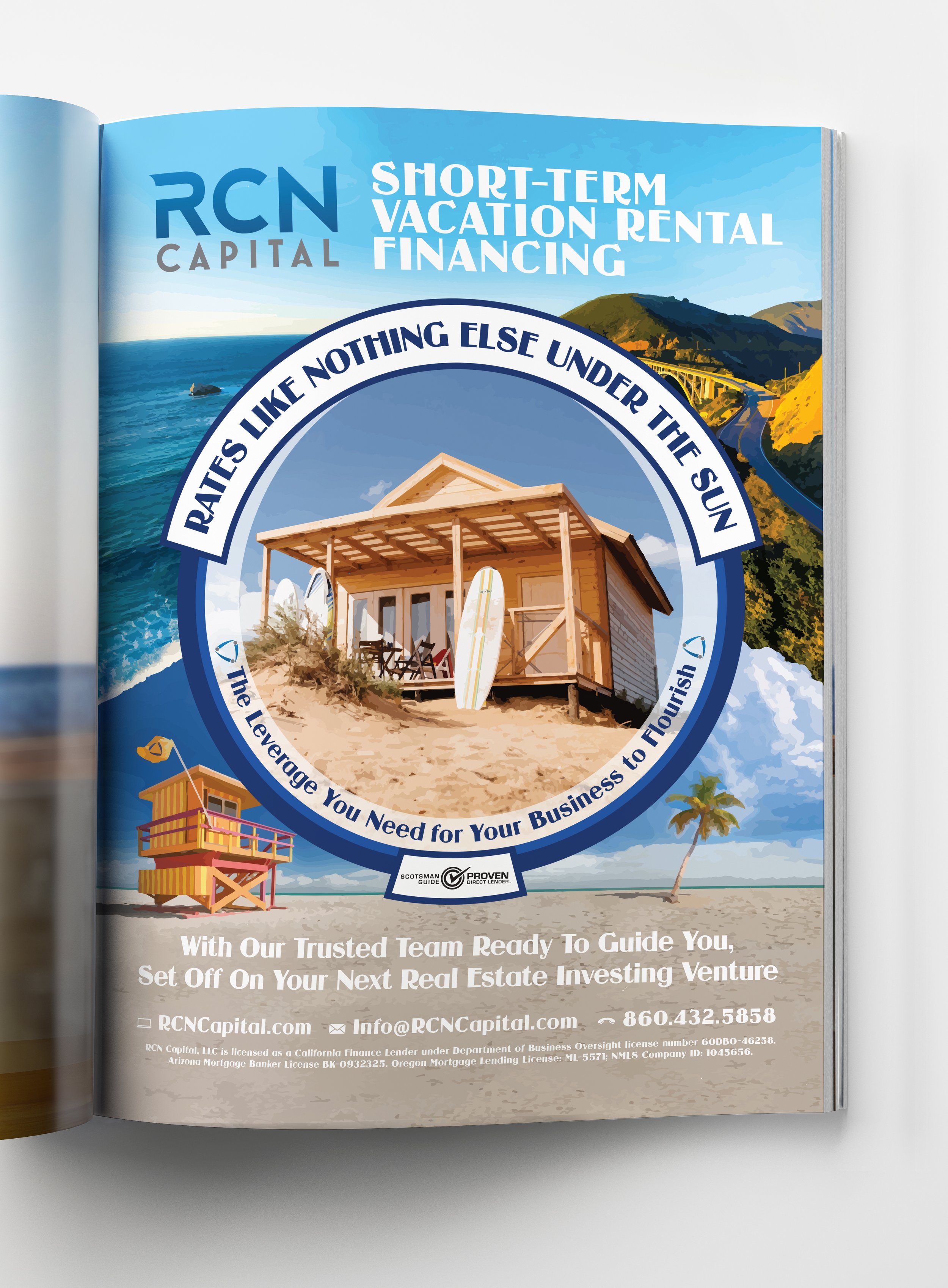 Advertisement for RCN Capital promoting short-term vacation rental financing, with beach house and pier in the background, and contact information at the bottom.