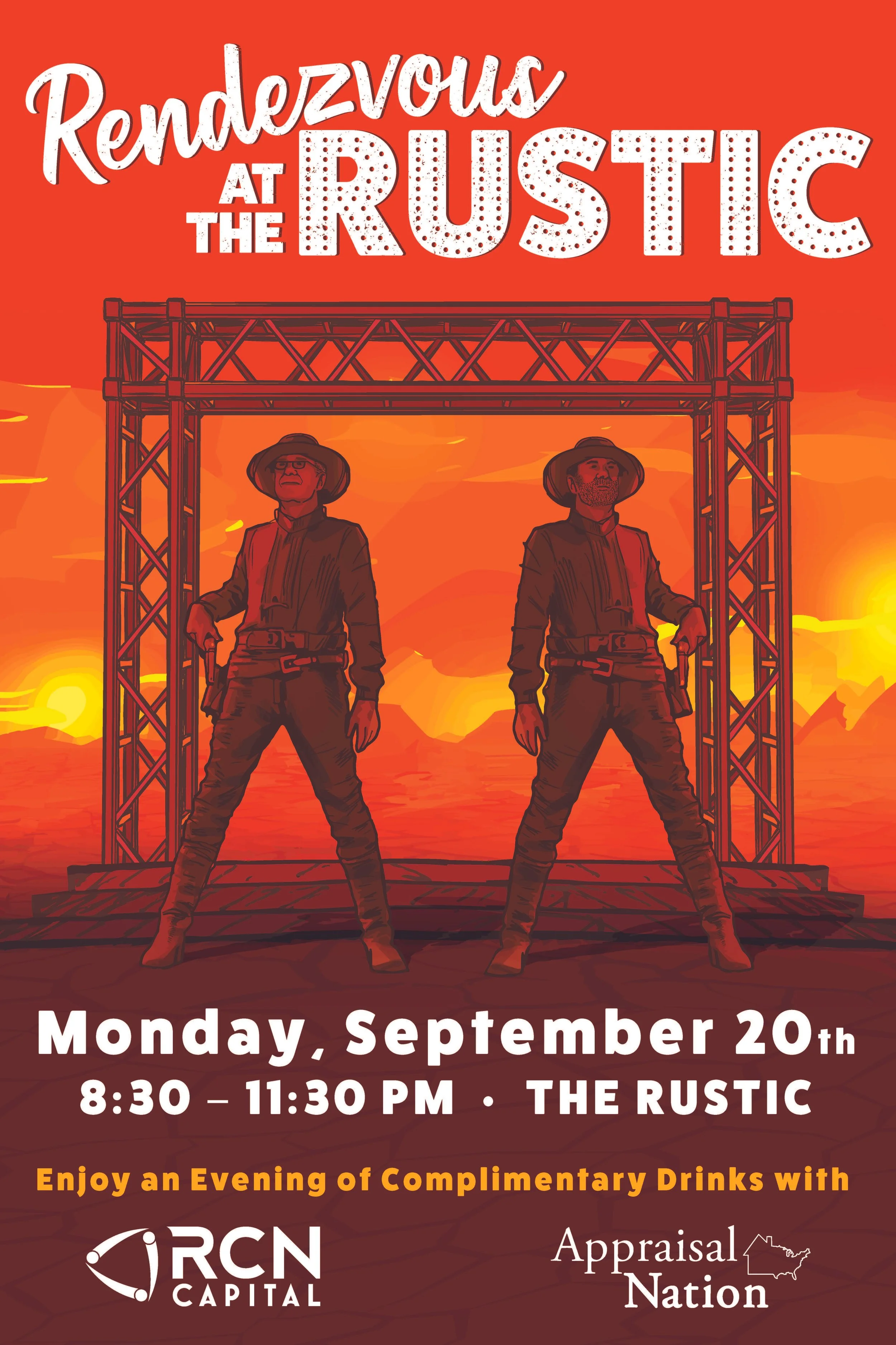Promotional poster for an event titled "Rendezvous at the Rustic" featuring two cowboys standing under a large metal archway against a sunset background. The event is scheduled for Monday, September 20th from 8:30 to 11:30 PM at The Rustic and offers
