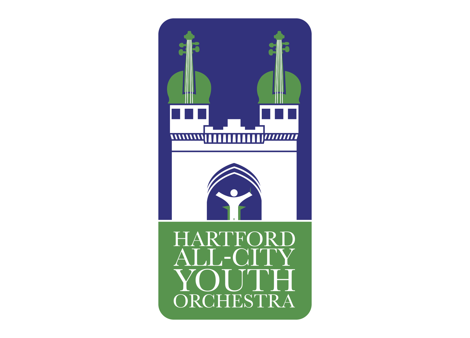 Logo of Hartford All-City Youth Orchestra featuring a blue arch with green domes and tuning pegs, a white figure with outstretched arms, and green text that reads 'Hartford All-City Youth Orchestra'.