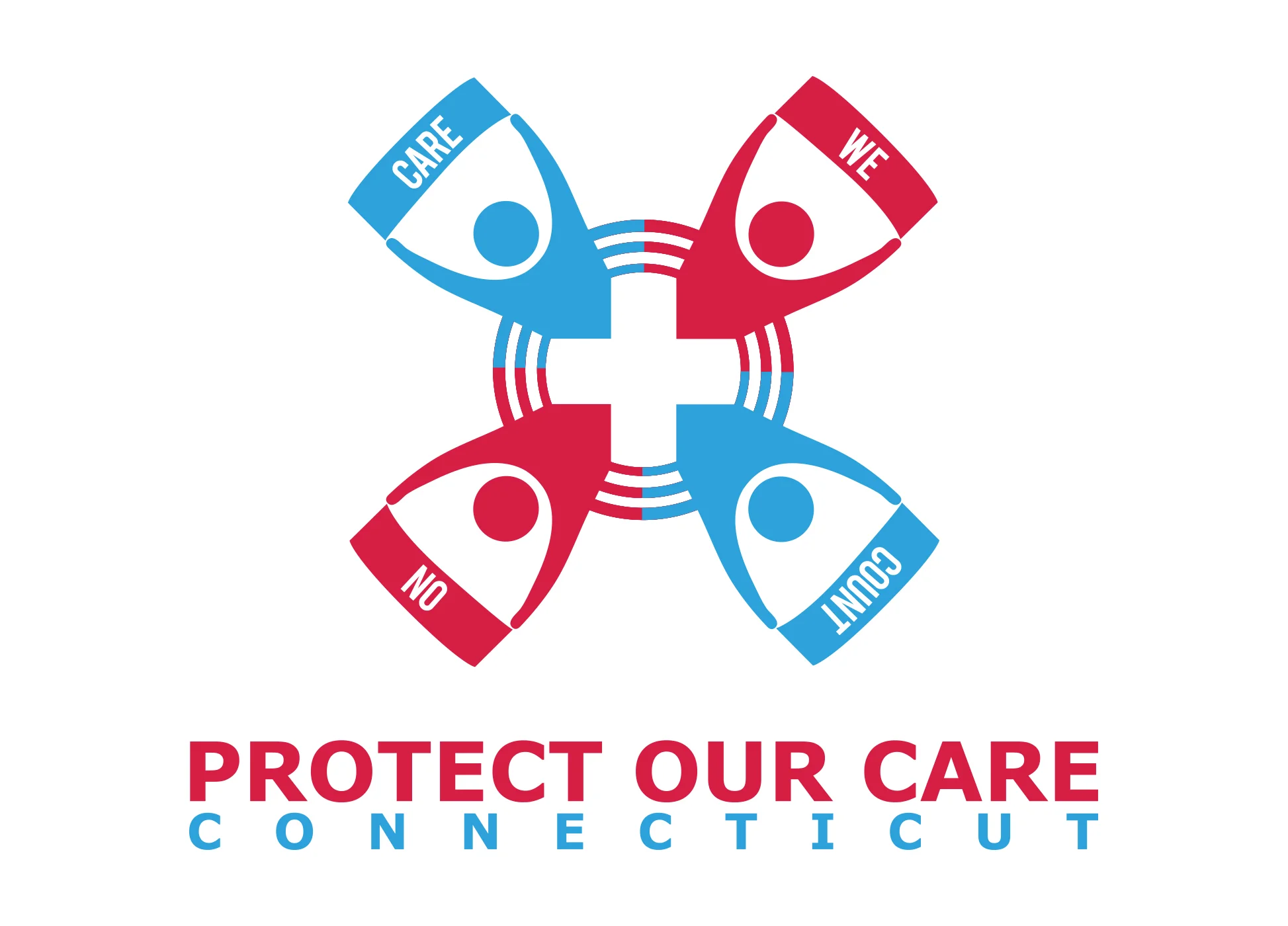 Graphic with four interconnected figures holding a medical cross, with text reading 'Care', 'We', 'On', 'Connecticut,' and a message to protect healthcare.