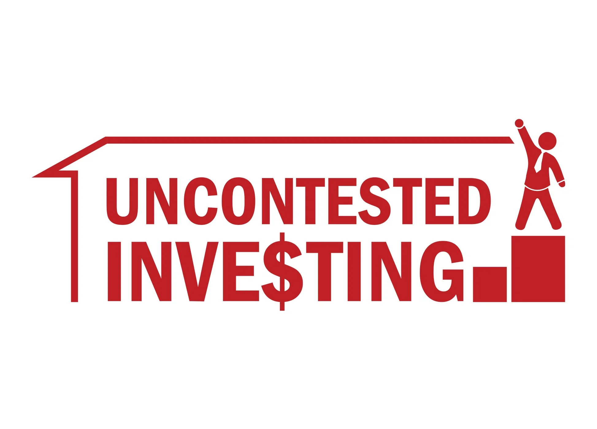 Red and white graphic with a stylized person in a tie standing on a platform and the words 'Uncontested Investing' in bold red letters.