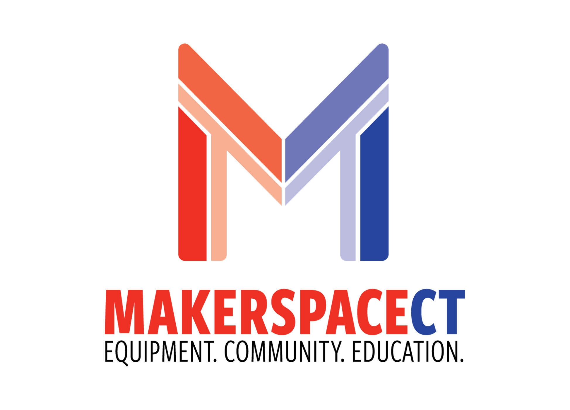 Logo for MakerspaceCT featuring a stylized letter M in red, white, and blue, with the event name and the words 'fundamental community education, equipment, community, education' underneath.