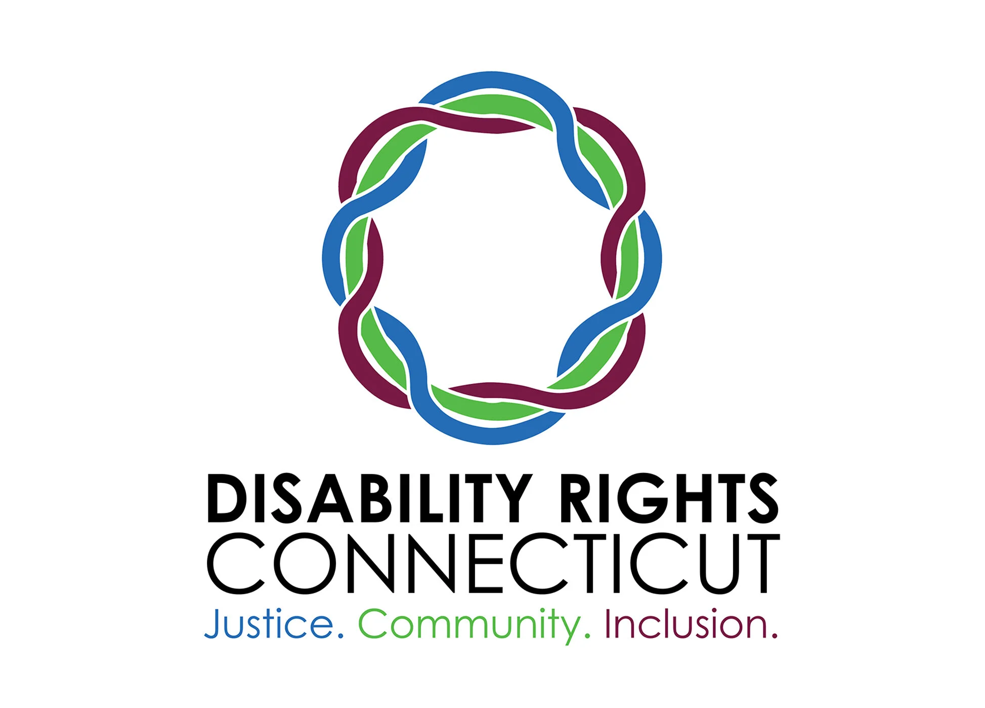 Logo with a circular, intertwined design in green, blue, and maroon colors above the text 'Disability Rights Connecticut' and the words 'Justice, Community, Inclusion' in smaller, colored font.