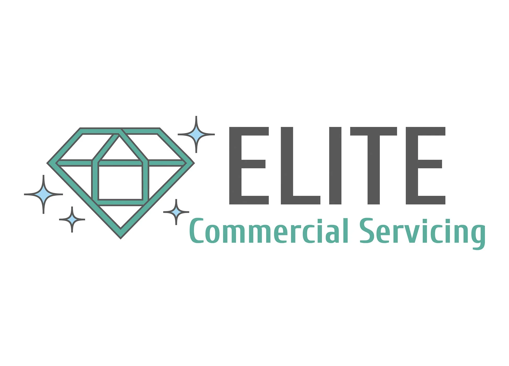 Graphic logo with a teal diamond-shaped gem, stars, and the words 'ELITE Commercial Servicing' in black and teal text.