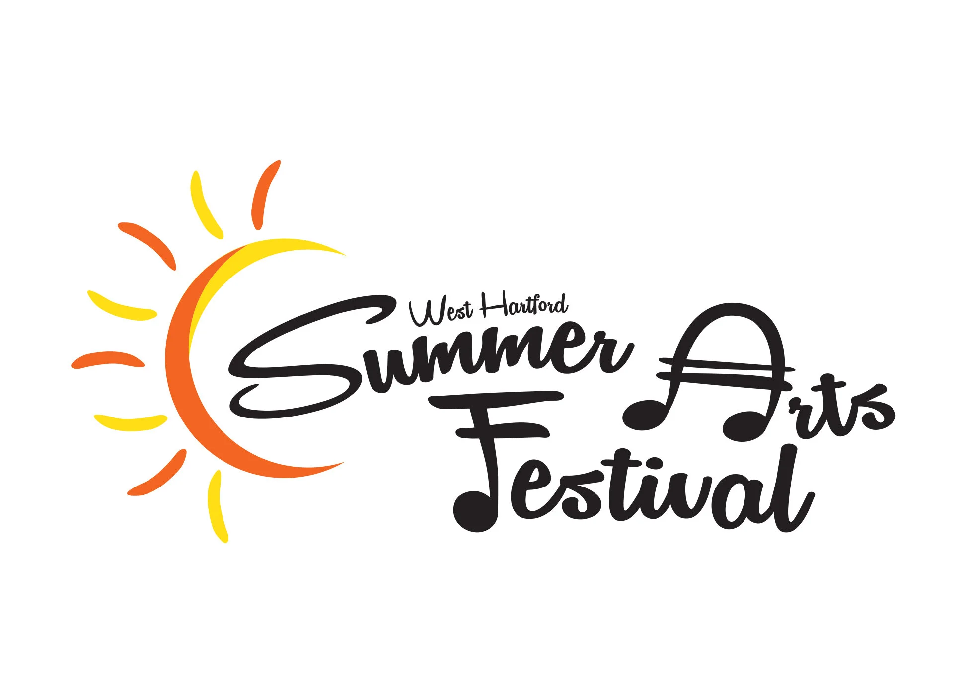 Logo for West Hartford Summer Arts Festival featuring stylized sun with orange and yellow rays and black text.