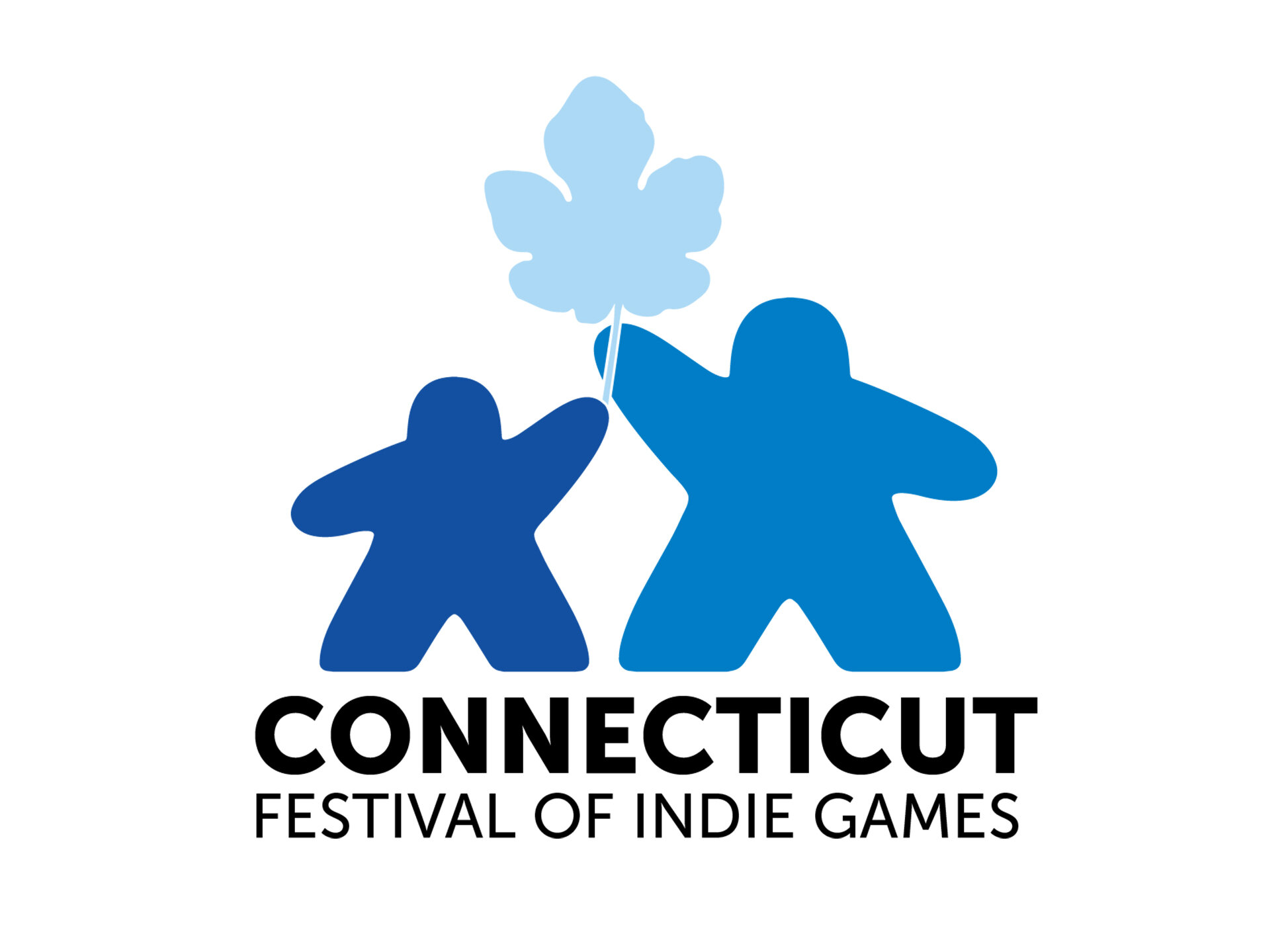 Silhouette of two indie game characters holding a light blue maple leaf, with text reading 'Connecticut Festival of Indie Games' below.