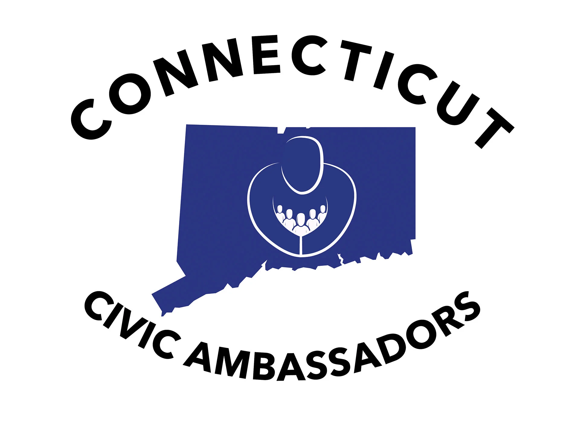 Official seal of the Connecticut Civic Ambassador Program, featuring an outline of the state of Connecticut in blue with a white circle containing a stylized figure of a person with multiple smaller figures inside, and the words 'Connecticut Civic Am