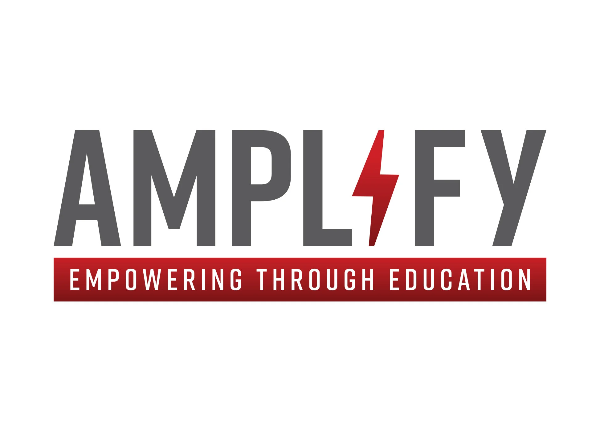 Logo for Amplify, featuring the word 'Amplify' with a red lightning bolt replacing the letter 'I'. Beneath, a red banner with white text reads 'Empowering Through Education'.