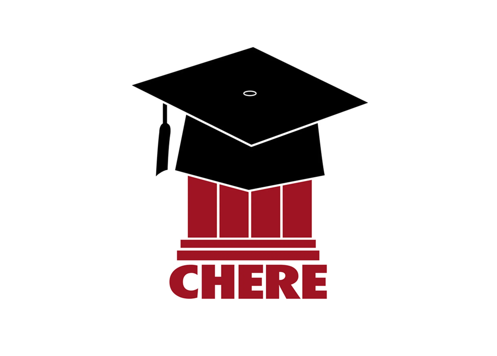 Black graduation cap on a red pedestal with the word 'CHERE' underneath.