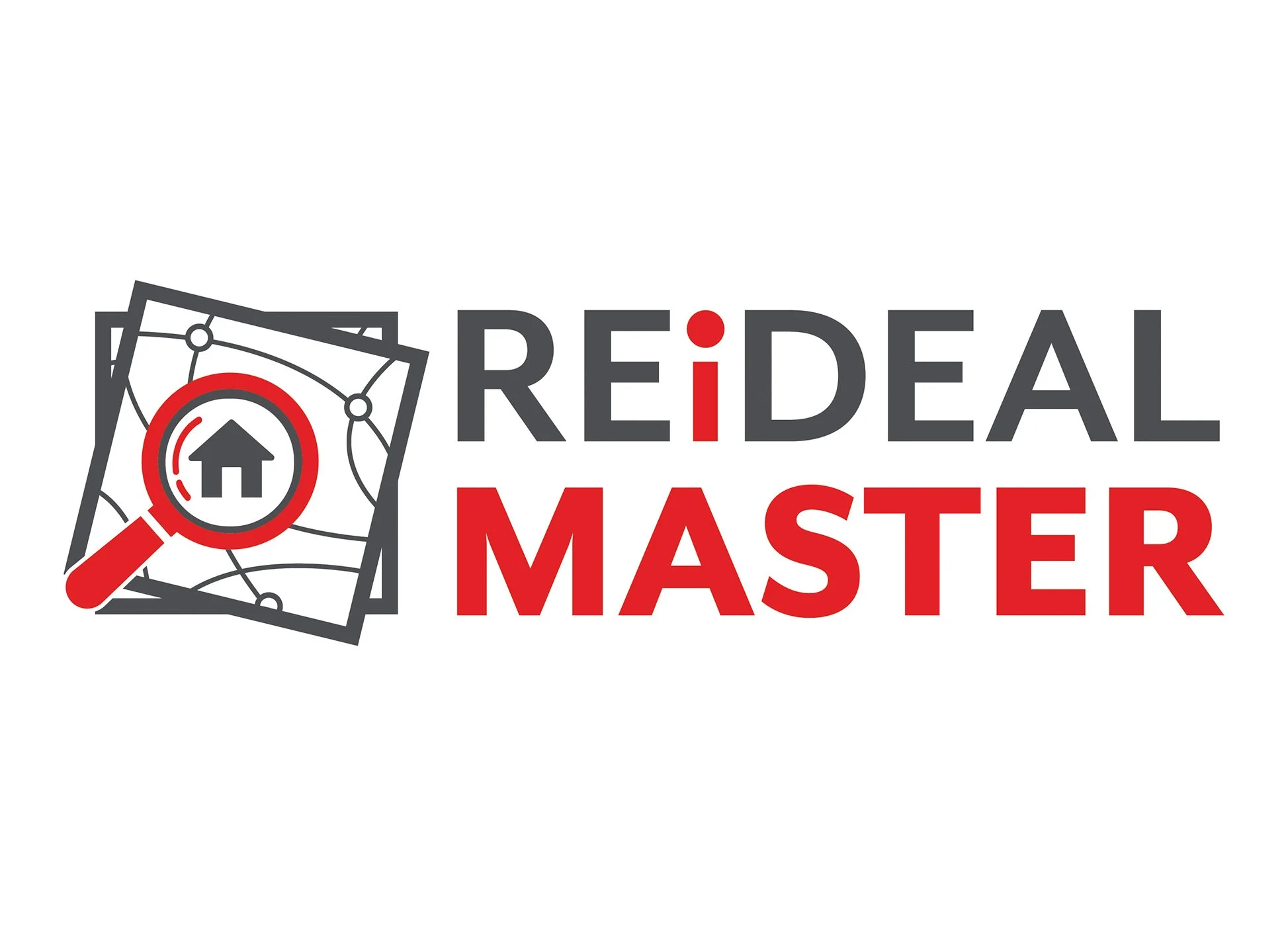 Logo with a stylized map and magnifying glass, featuring a house icon inside the magnifying glass, and text that reads 'ReiDealMaster' with the letter 'i' in red