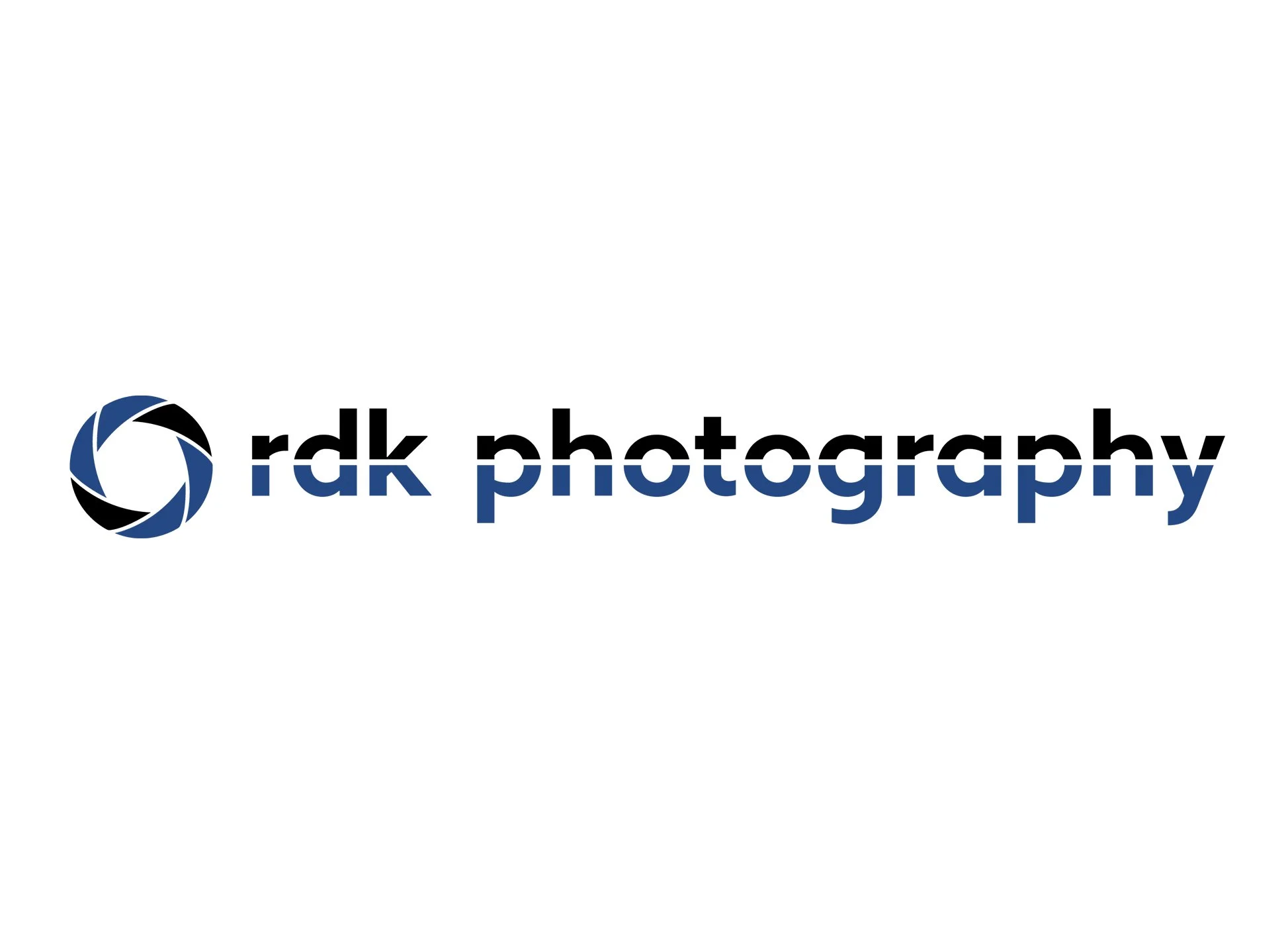 Logo of RDK Photography with a camera shutter icon and the text 'rdk photography' in black and blue.