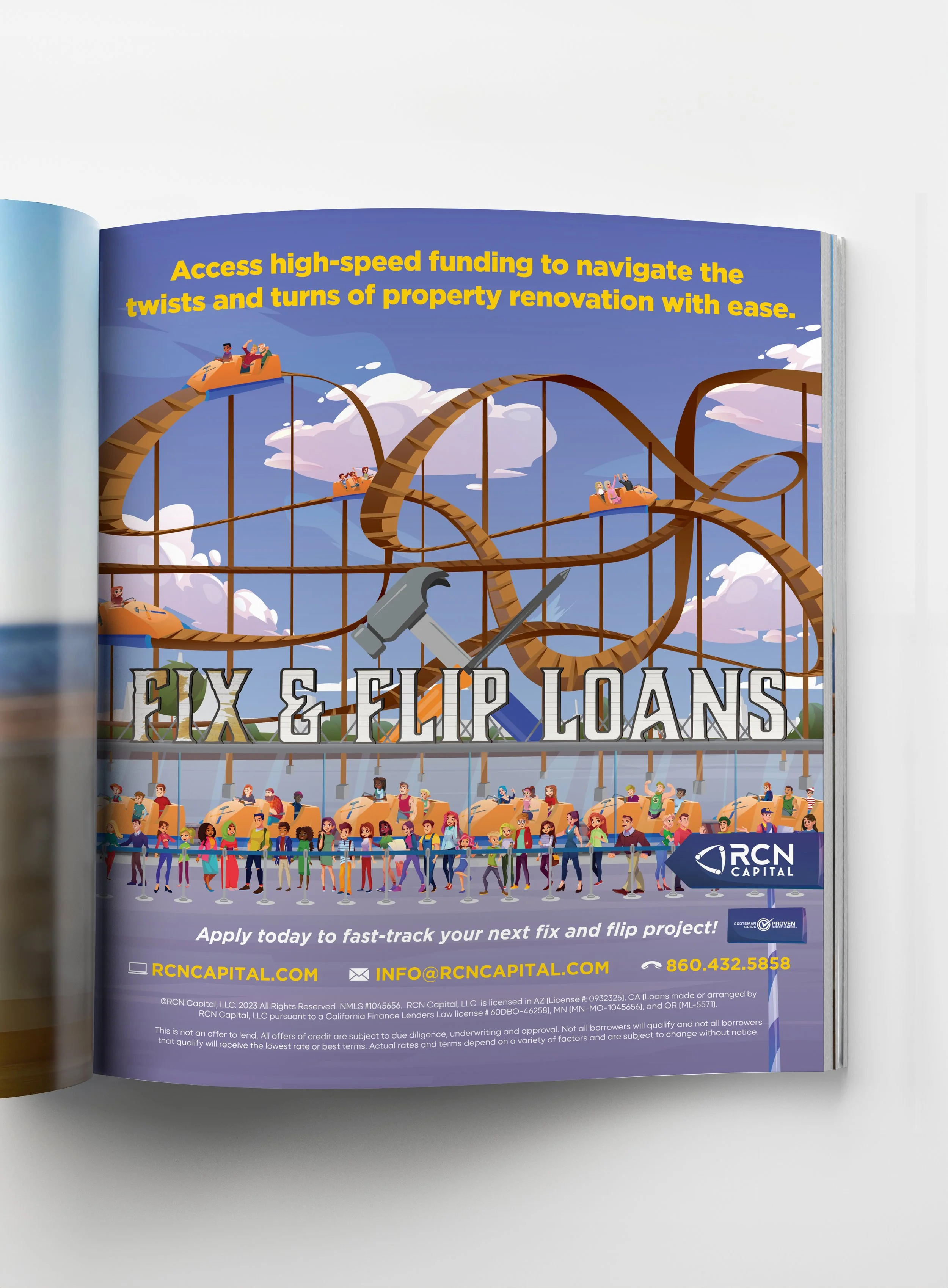 Advertisement for RCN Capital promoting fast-track funding for property renovation projects, featuring a roller coaster with people and a crowd waiting in line.