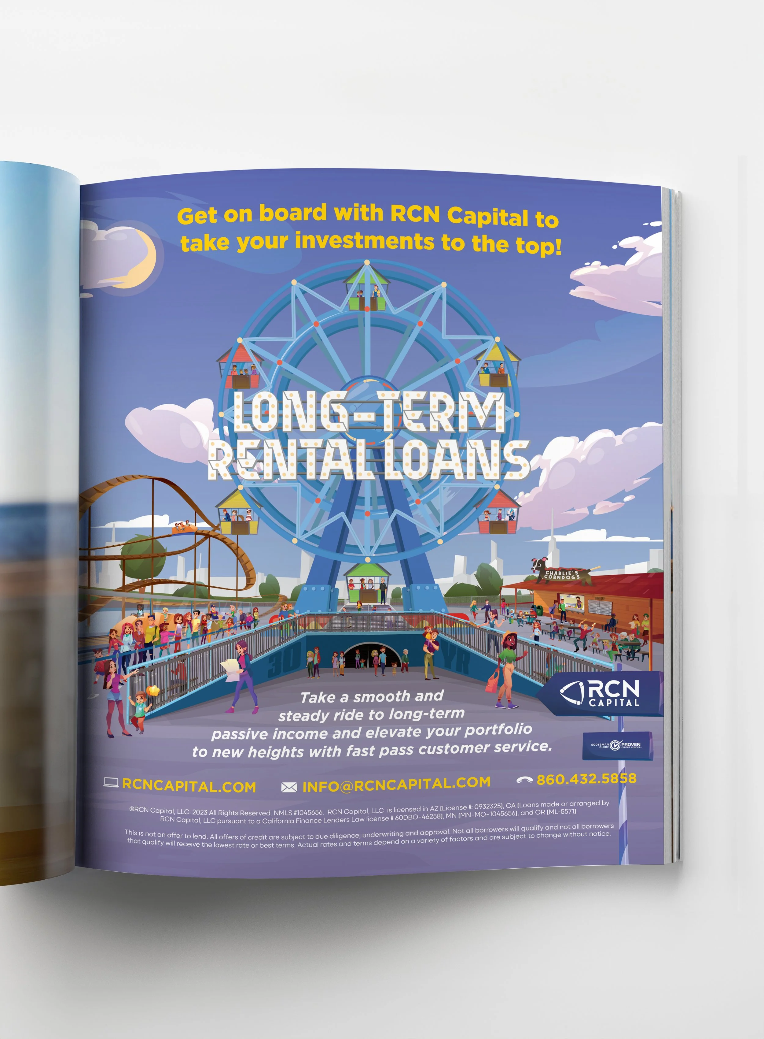 Advertisement for RCN Capital promoting long-term rental loans, featuring a carnival ride with families and children, and contact information at the bottom.