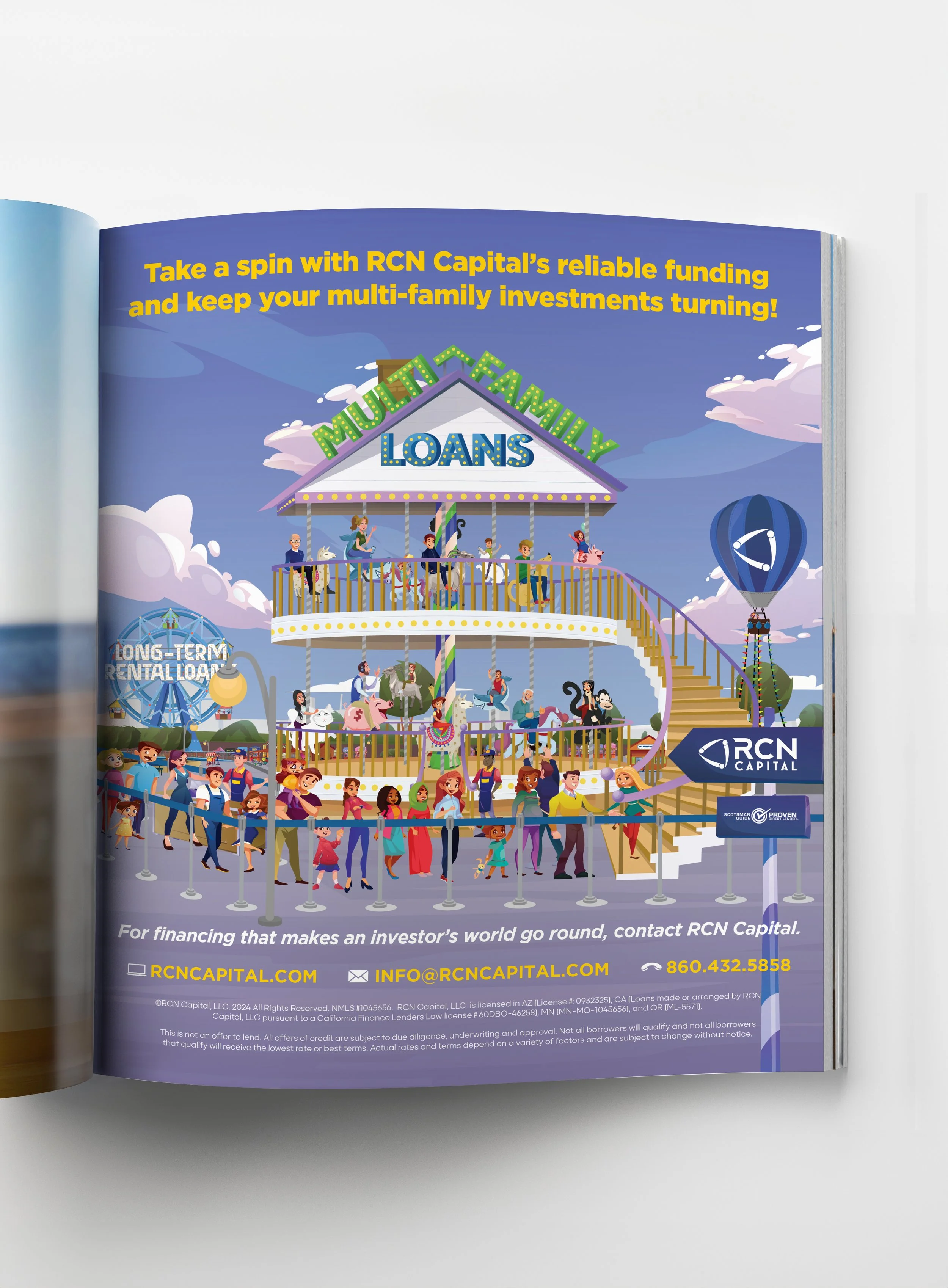Illustration of a carnival ride themed around multi-family loans, featuring a multi-level amusement ride with people, animals, and characters, set against a sky background with clouds, hot air balloon, and Ferris wheel. RCN Capital logo and contact i