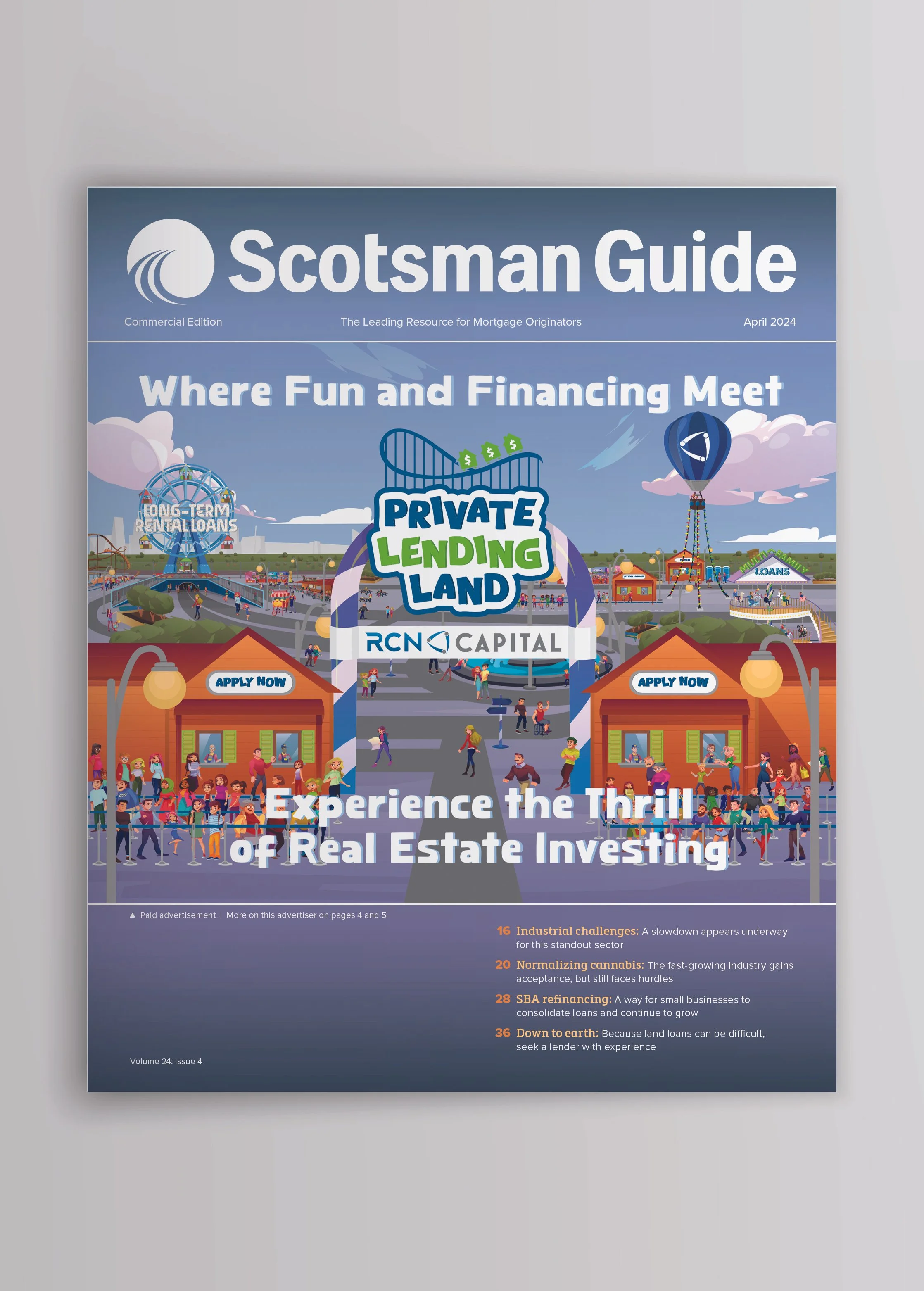 Cover of Scotsman Guide magazine with a theme of fun and finance at an amusement park, featuring a Ferris wheel, roller coaster, hot air balloon, and a crowd of people, with the headline 'Experience the Thrill of Real Estate Investing' and various ar