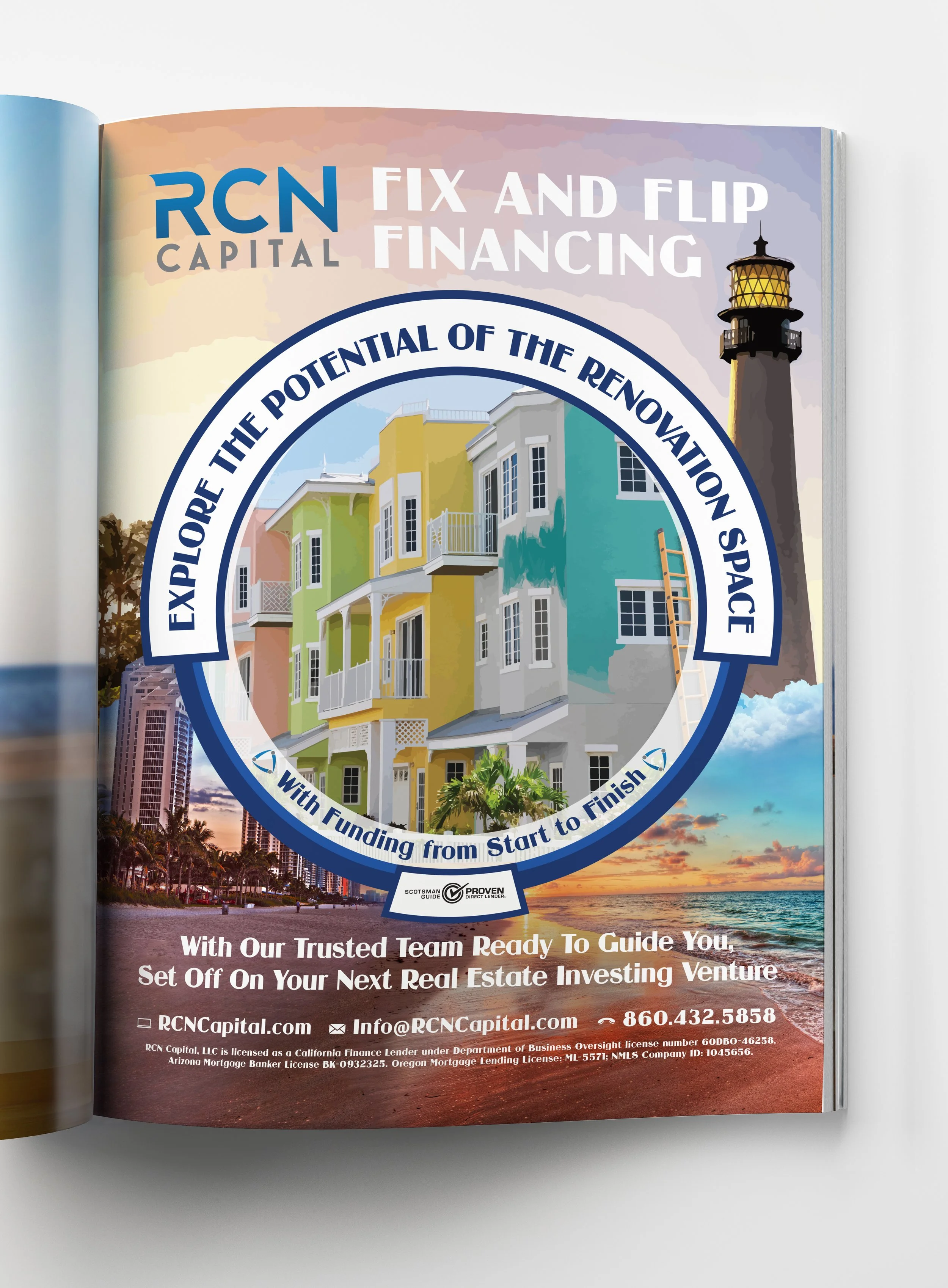 A promotional brochure with a sunset beach background, displaying an advertisement for RCN Capital, a real estate investment and financing company. It features an illustration of colorful houses, a lighthouse, and text about real estate funding and i