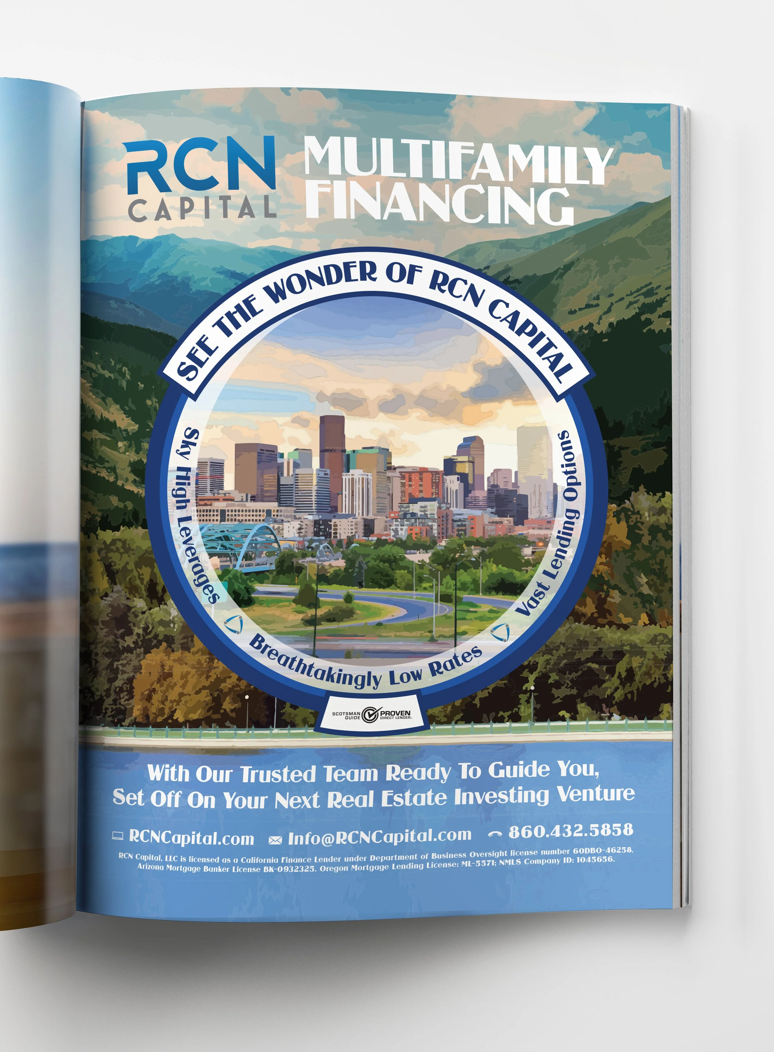 A brochure for RCN Capital emphasizing multifamily financing with a city skyline and mountain scenery in the background, mentioning low rates and trusted team support.
