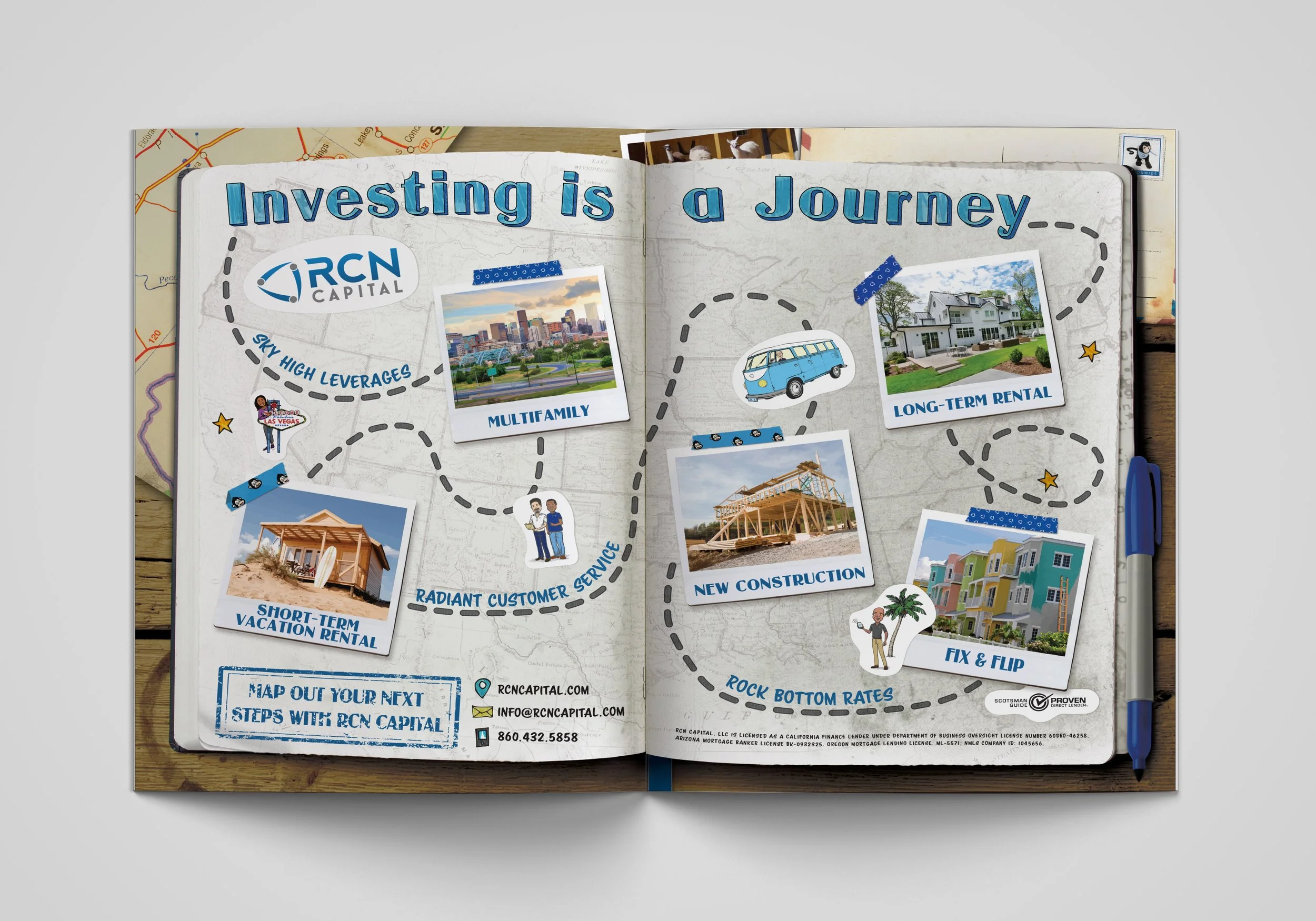 An open scrapbook or planner with a travel-themed layout. The title reads 'Investing is a Journey' with various images and text snippets related to real estate investment, such as 'Multifamily,' 'Long-term rental,' and 'New construction.' The backgro
