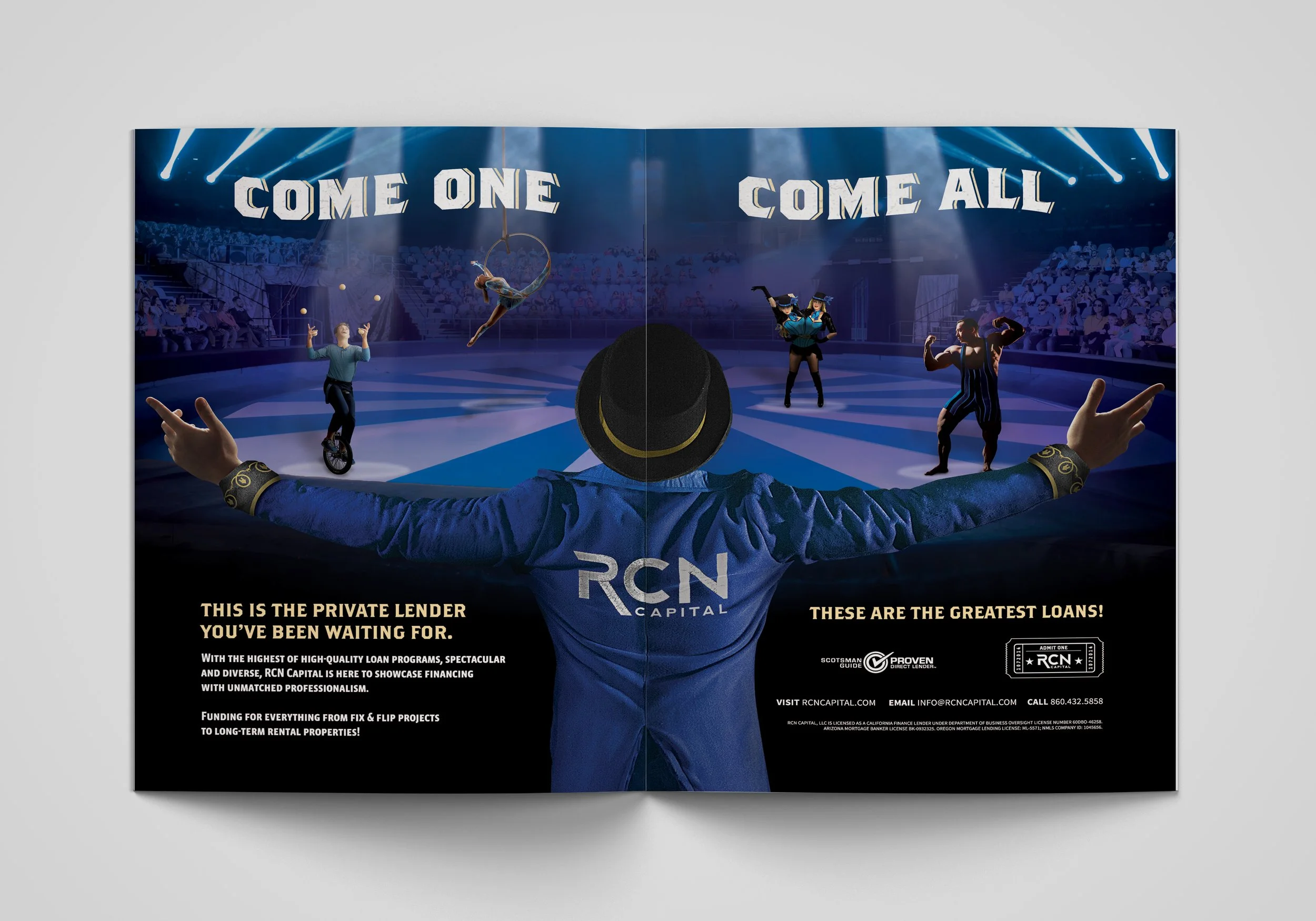 People in circus costumes performing on stage with the phrase 'Come One Come All' in large letters at the top.