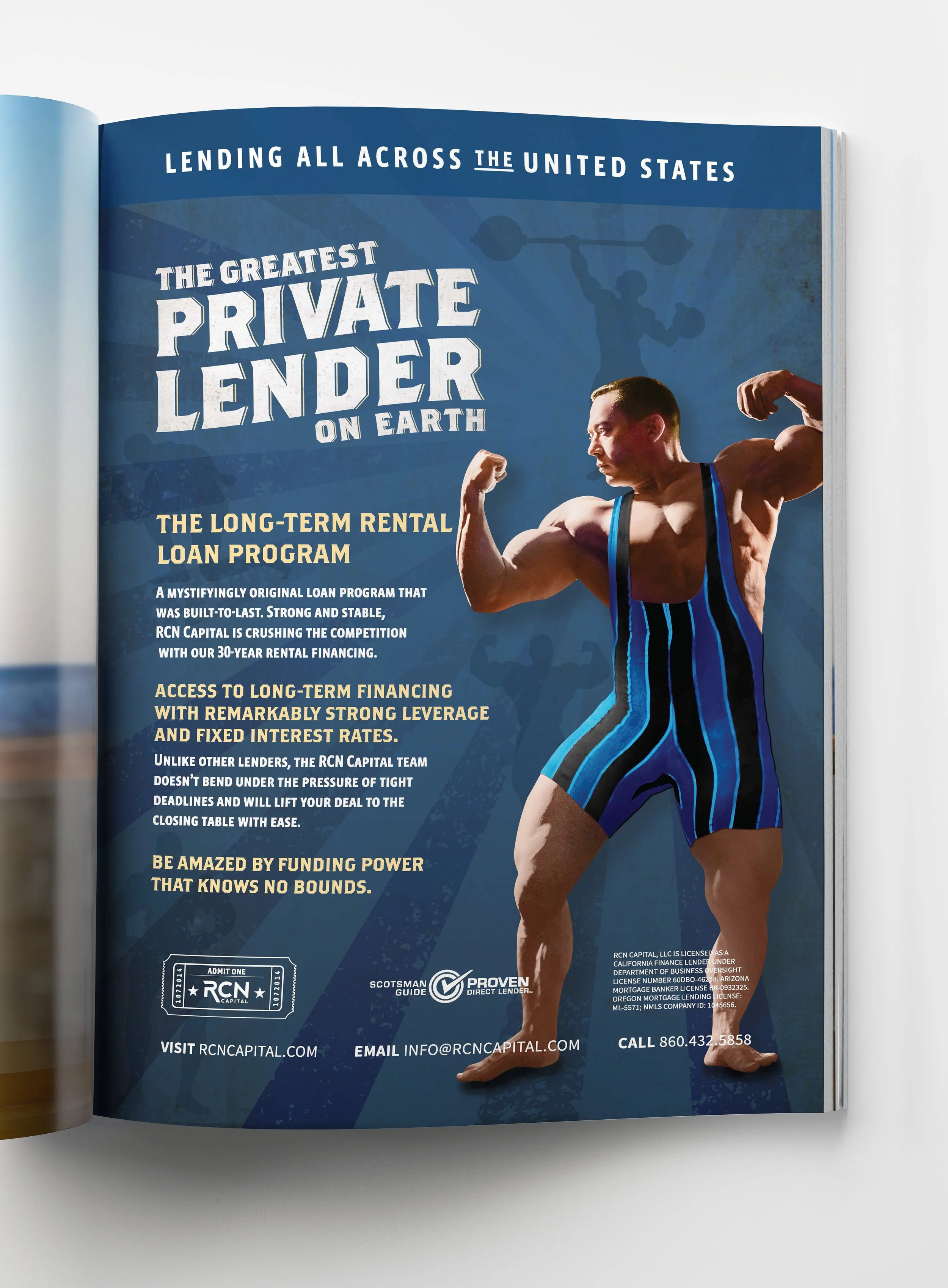A magazine page featuring a muscular man in a striped wrestling singlet, flexing his biceps and looking to the side. The page advertises private lending programs and includes contact information for RCN Capital, logos, and a ticket for an accolade.