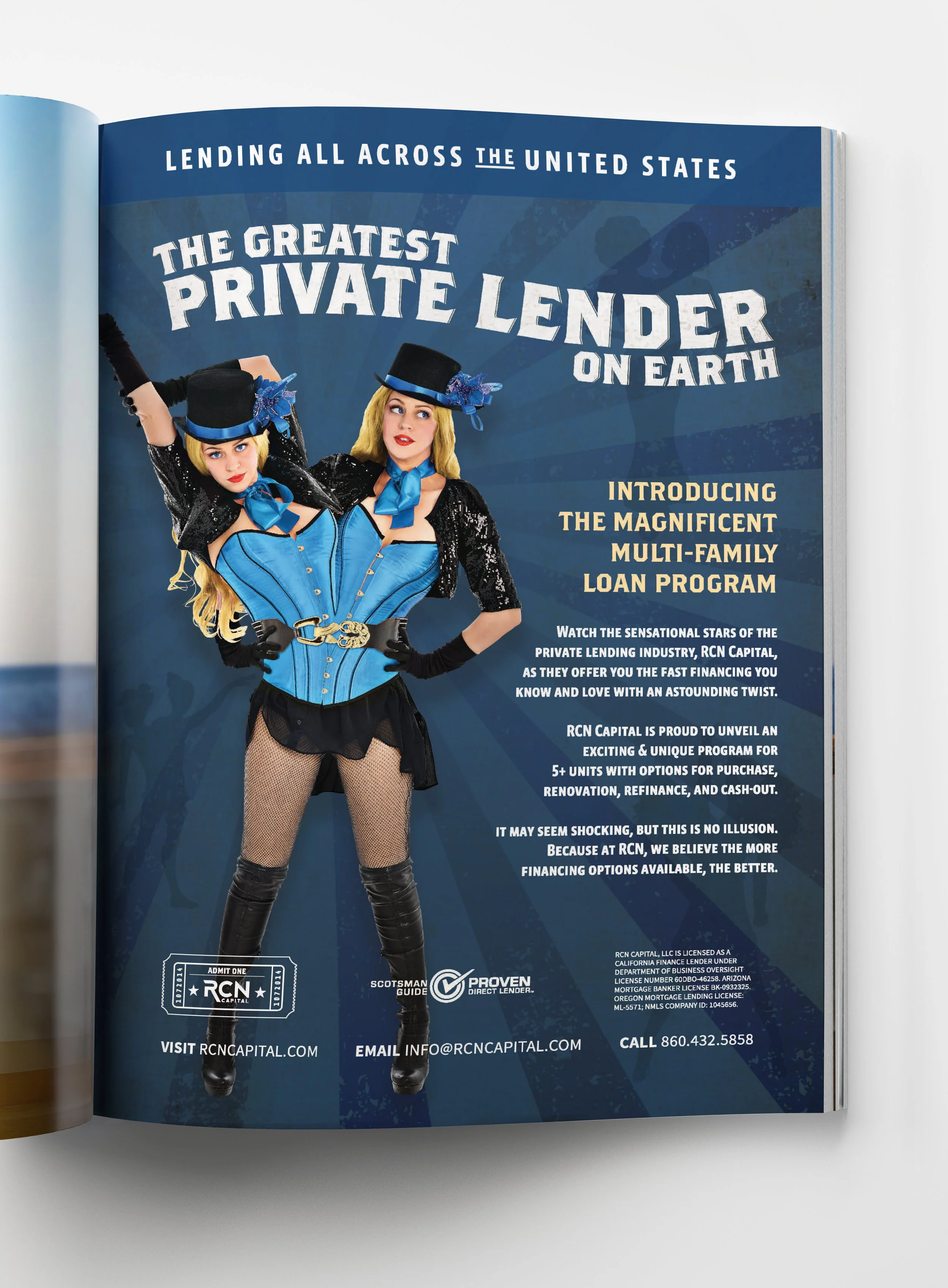 Open magazine page with promotional advertisement featuring two women in burlesque-style costumes with blue corsets, black lace sleeves, fishnet tights, and black high boots, posing with hands on hips. The background is blue with white and gold text 