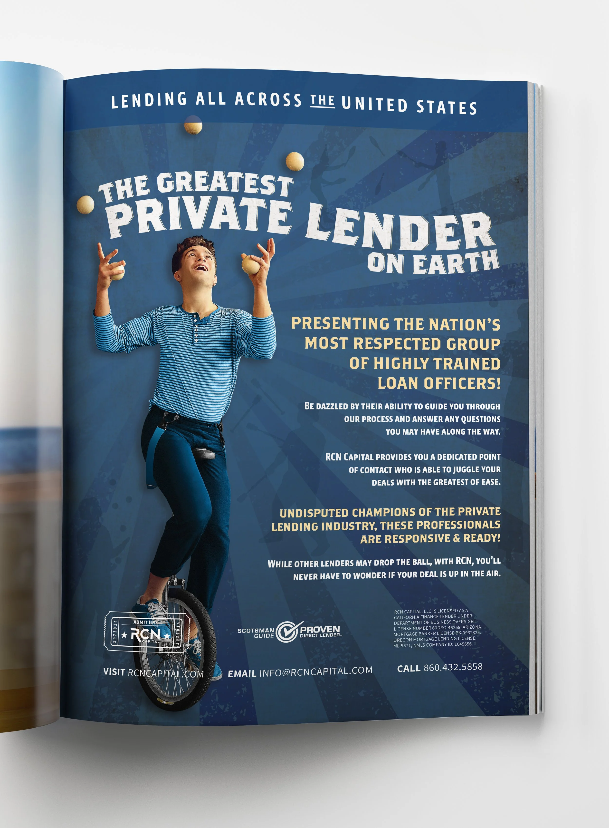 A young person in athletic clothing riding a unicycle and juggling balls in a blue-themed brochure for RCN Capital, a private lending industry professional.