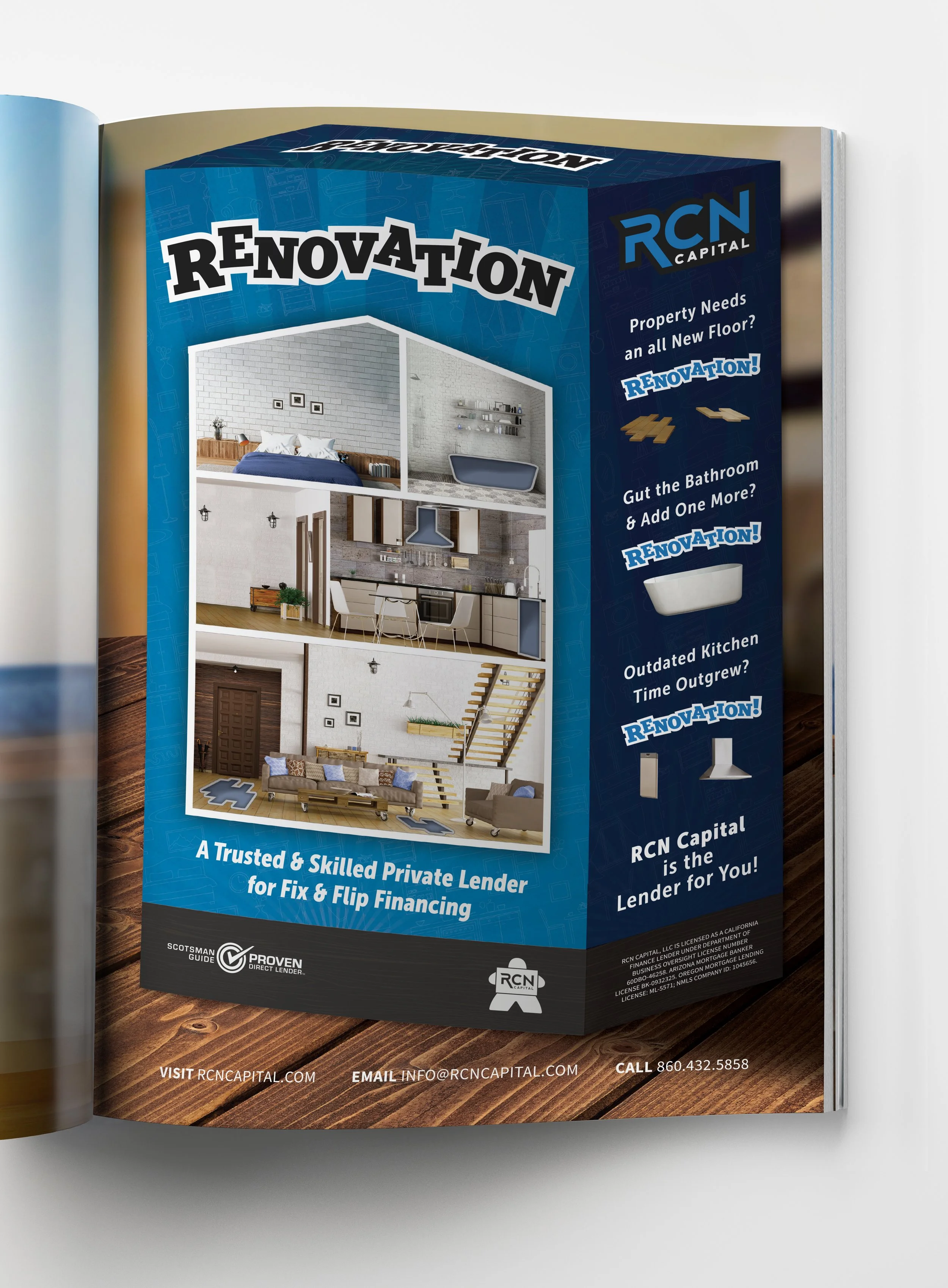 Brochure promoting renovation and remodeling services by RCN Capital, featuring images of interior home renovation projects, with contact information and company details.