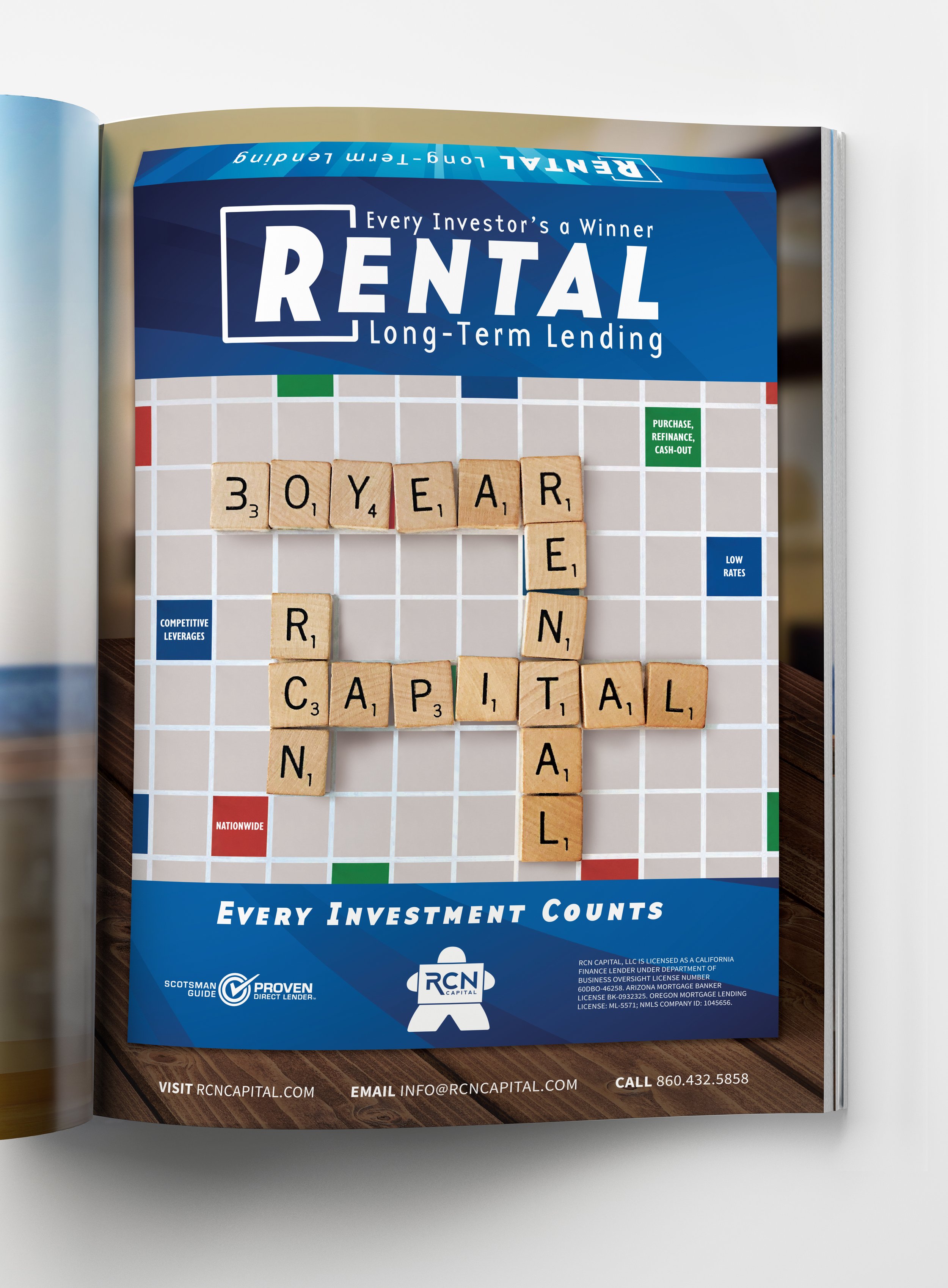 A magazine page featuring an advertisement for rental long-term lending investment services. The page includes a game of Scrabble tiles spelling out '30 YEAR' and other words, alongside various financial messages and contact information.