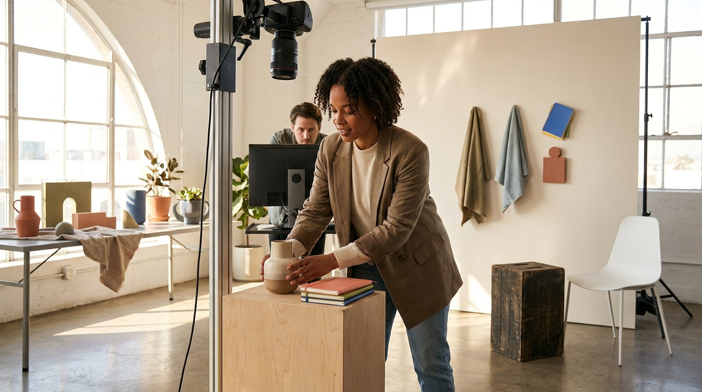 A woman arranging a beige vase on a wooden table in a photography studio. A man is working on a computer in the background. Studio setup includes a white backdrop, several potted plants, and decorative objects on a table. Natural light floods the space through large windows.